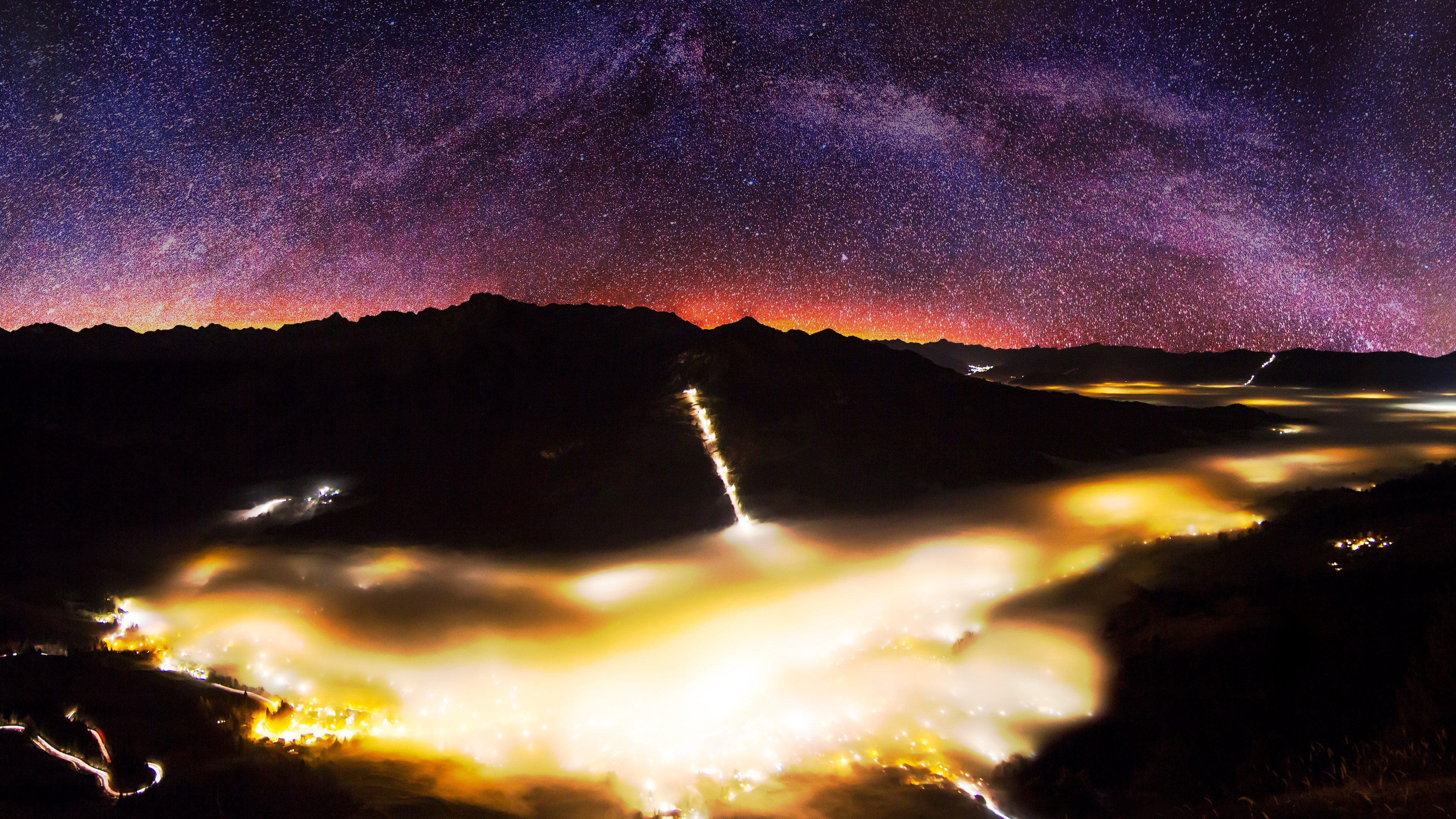 Milky Way over mountains and foggy valley at night HD Wallpaper