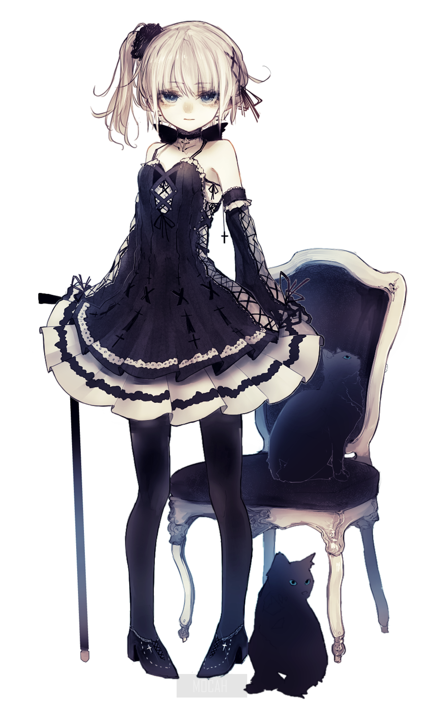 Anime girl with blonde hair and black dress with cats HD Phone Wallpaper