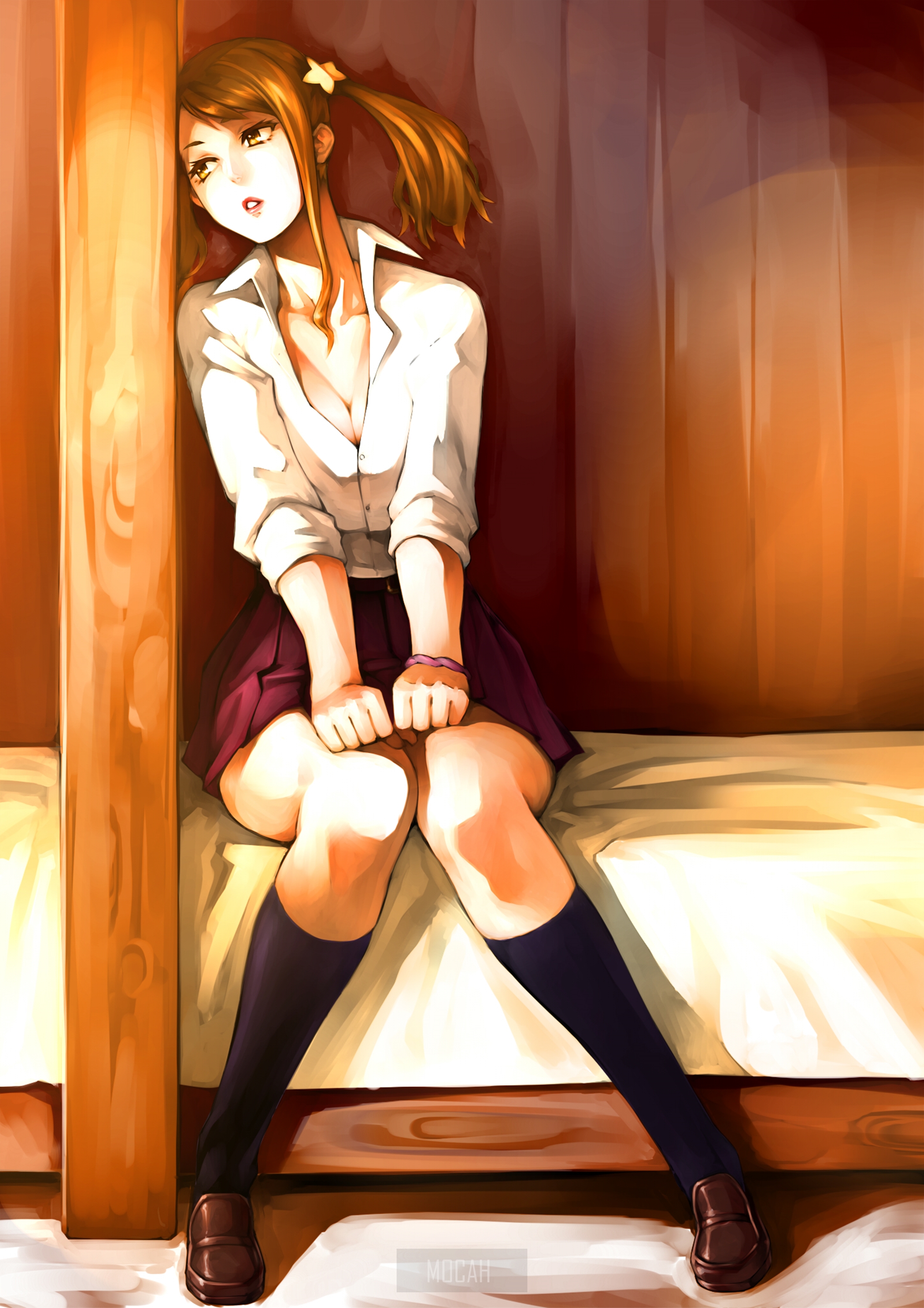 Thoughtful Anime Girl Sitting on Bed HD Phone Wallpaper
