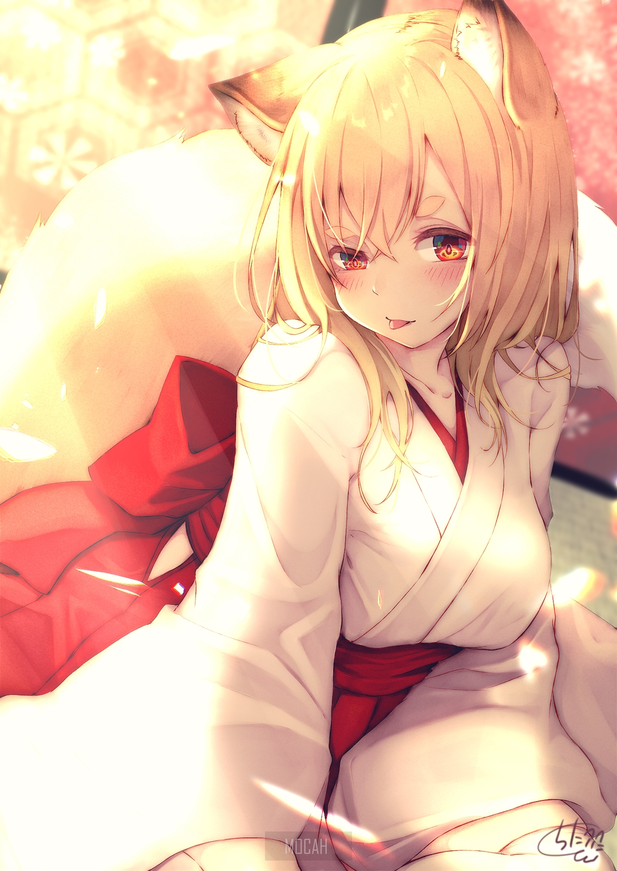 Blonde Fox Girl Miko with Playful Expression HD Phone Wallpaper