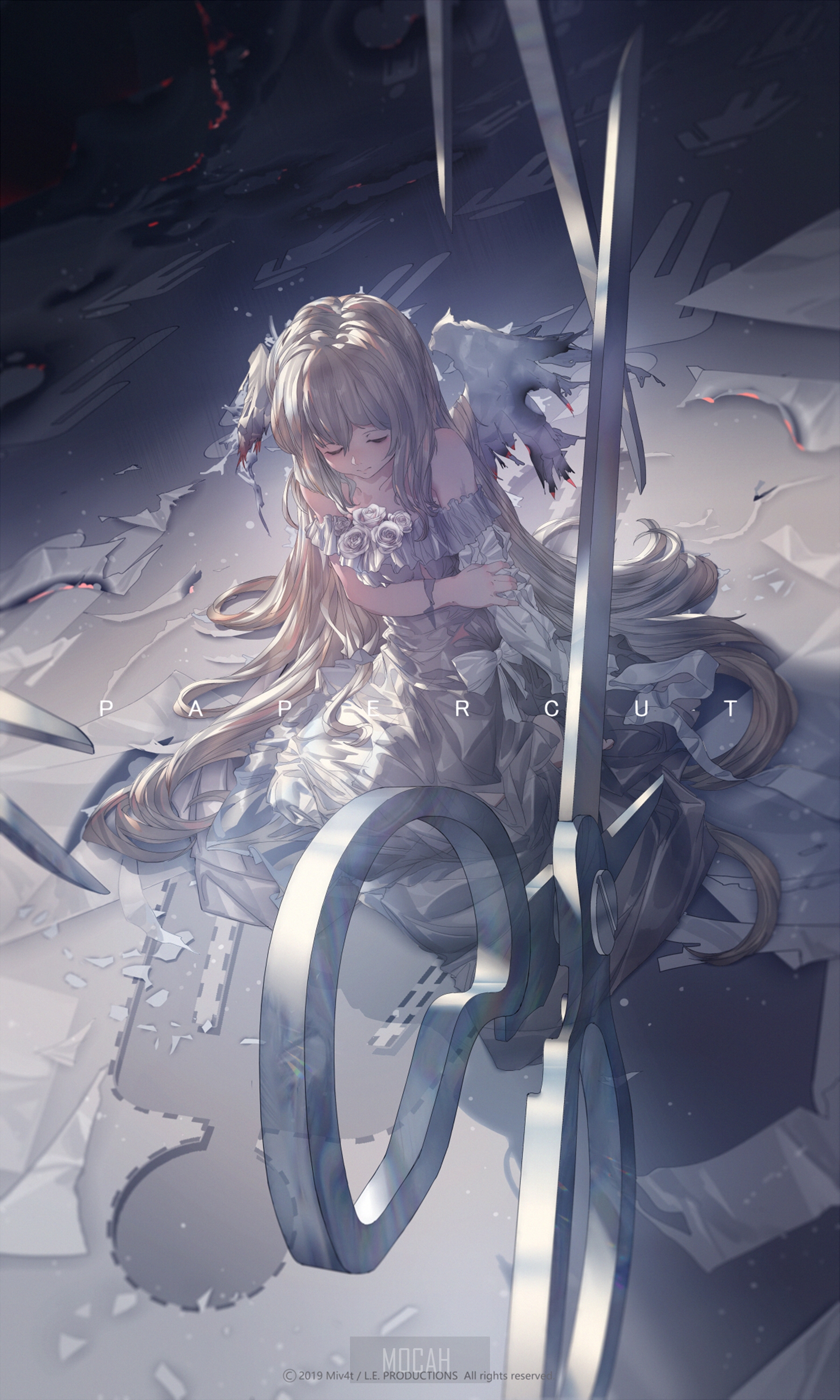 Anime girl with blonde hair and wings surrounded by paper HD Phone Wallpaper