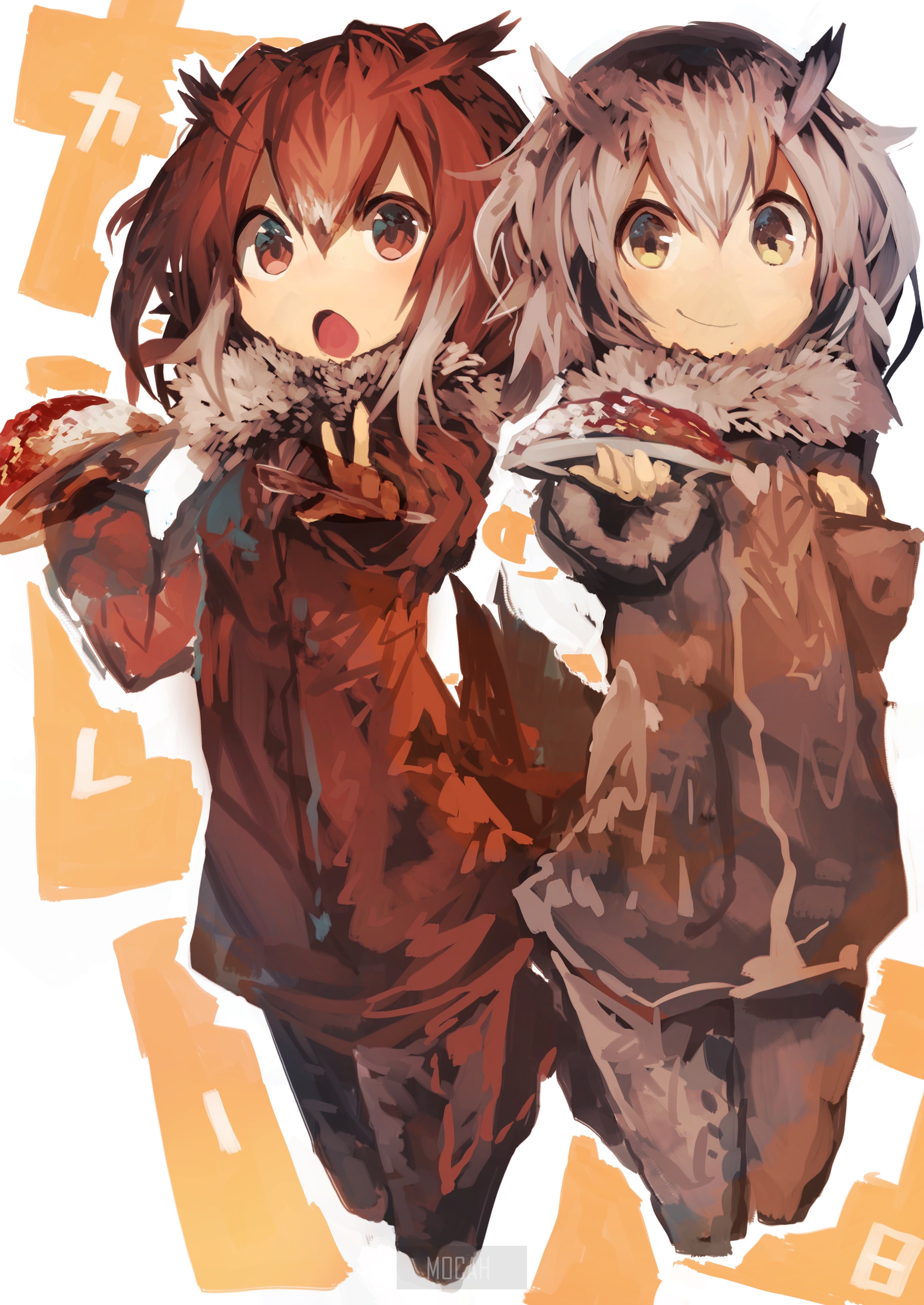 Two Kemono Friends owl girls holding food HD Phone Wallpaper