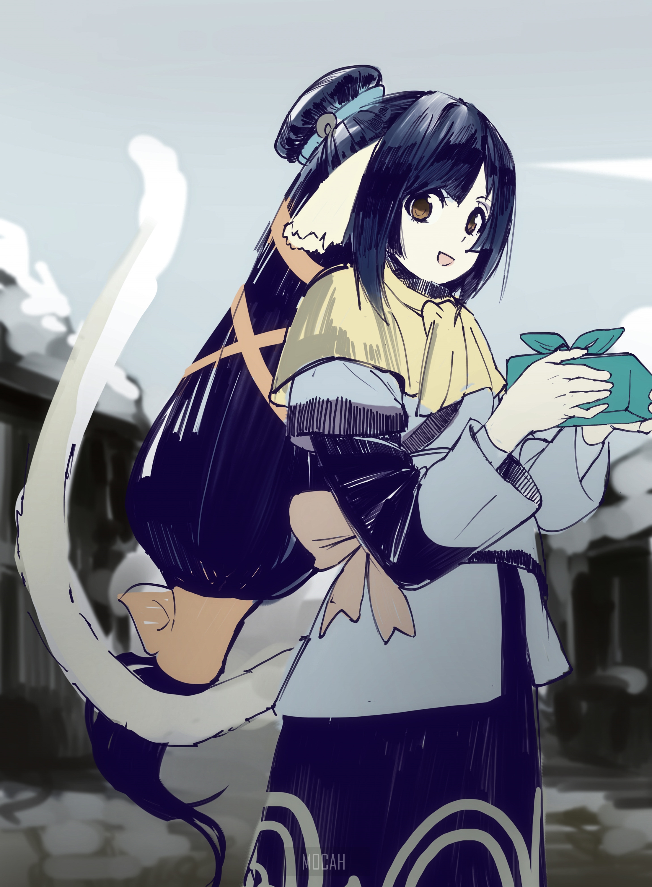 Anime girl with dark hair holding a gift HD Phone Wallpaper