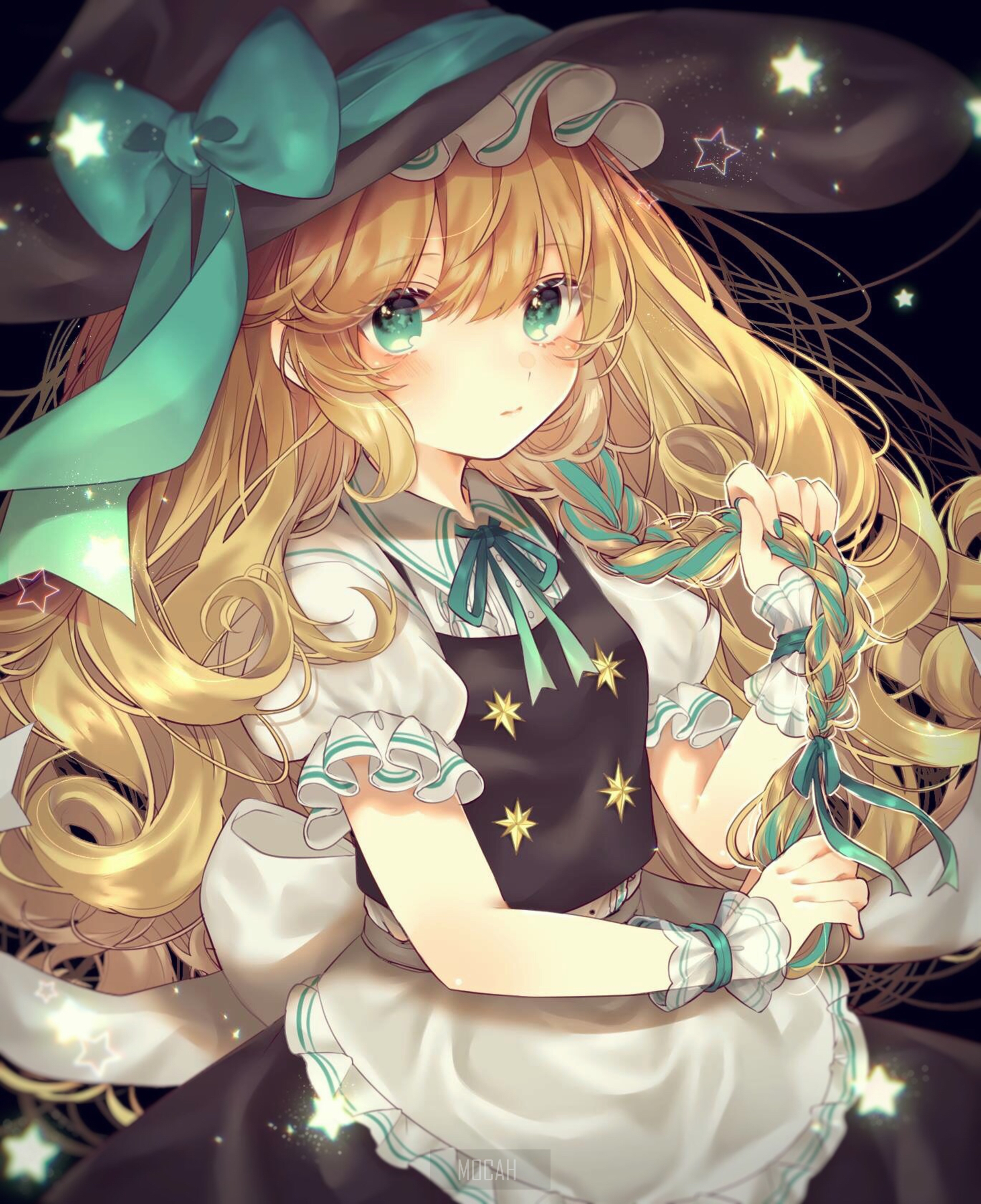 Anime girl with blonde hair and green eyes wearing a witch hat HD Phone Wallpaper