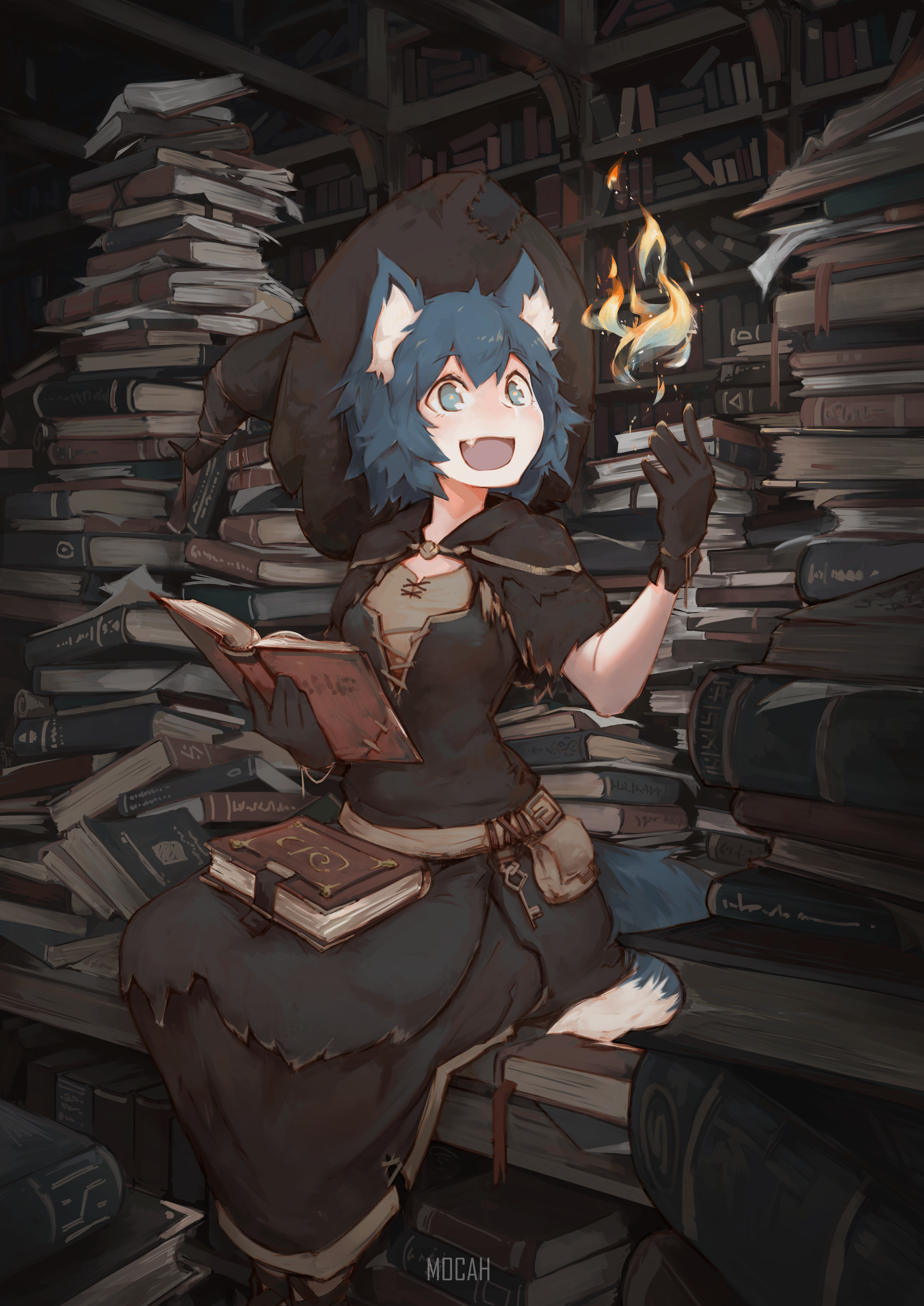 Anime girl with animal ears reading a book with fire HD Phone Wallpaper