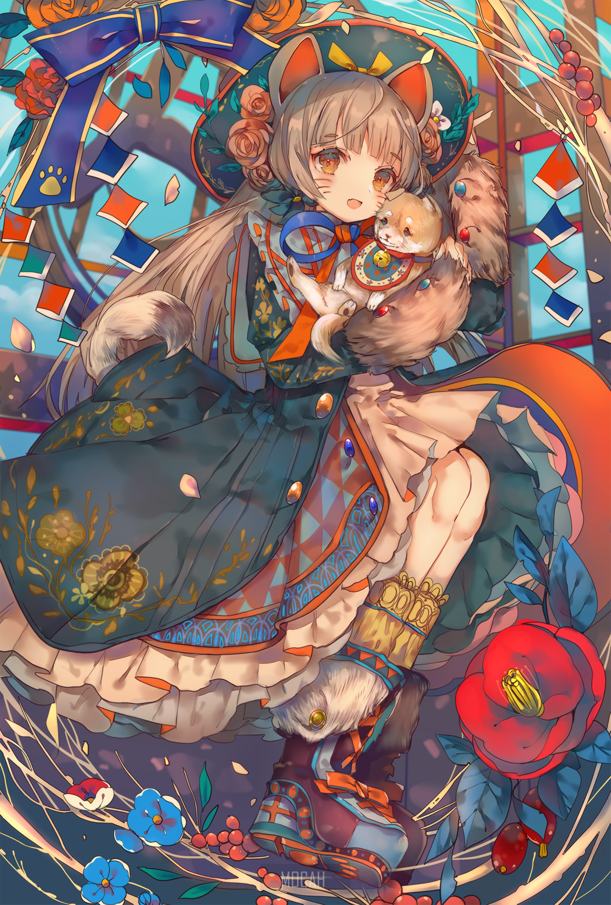 Anime cat girl holding a puppy with flowers and stained glass HD Phone Wallpaper