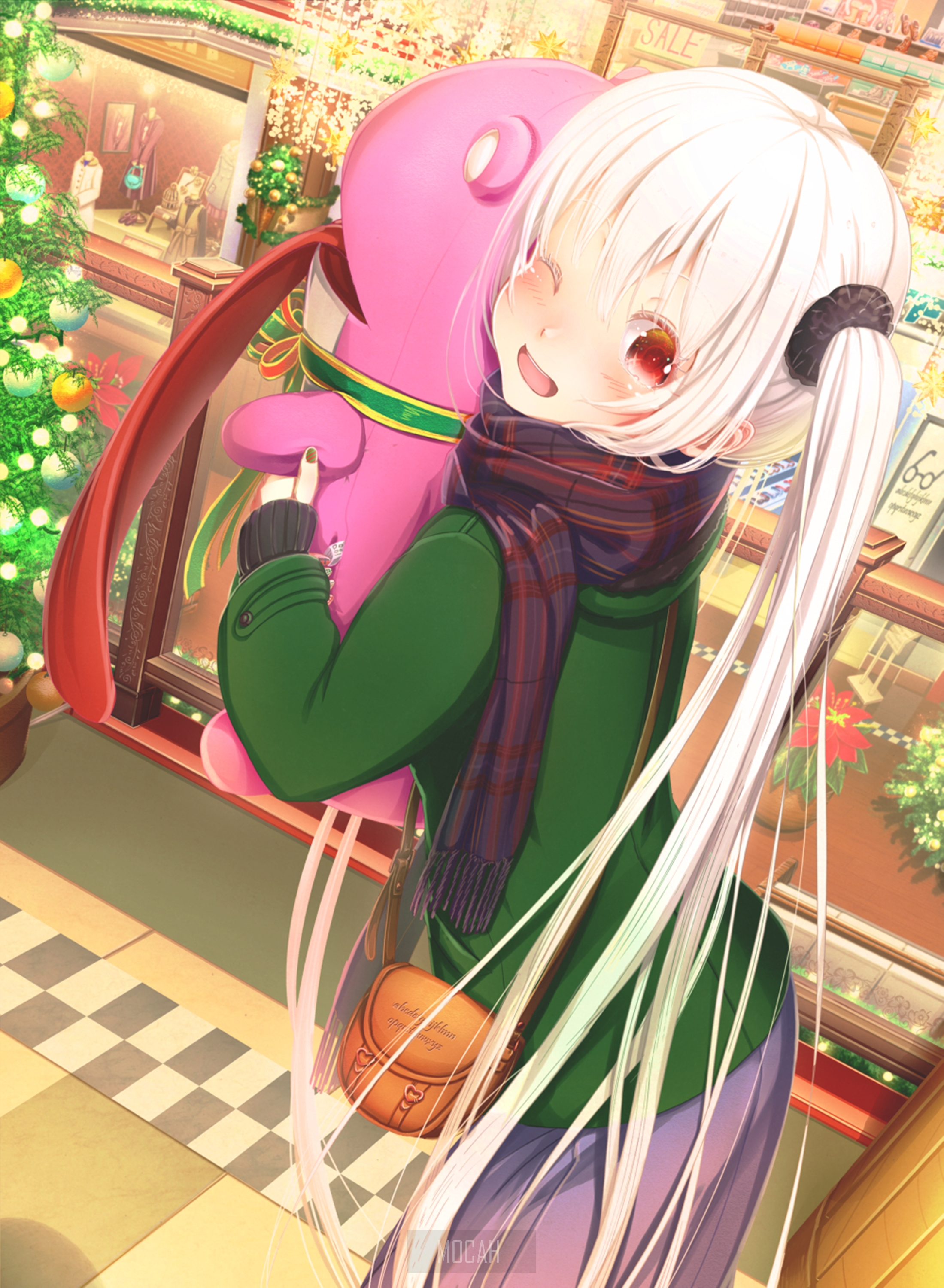 Anime girl with white hair holding a pink plush toy HD Phone Wallpaper