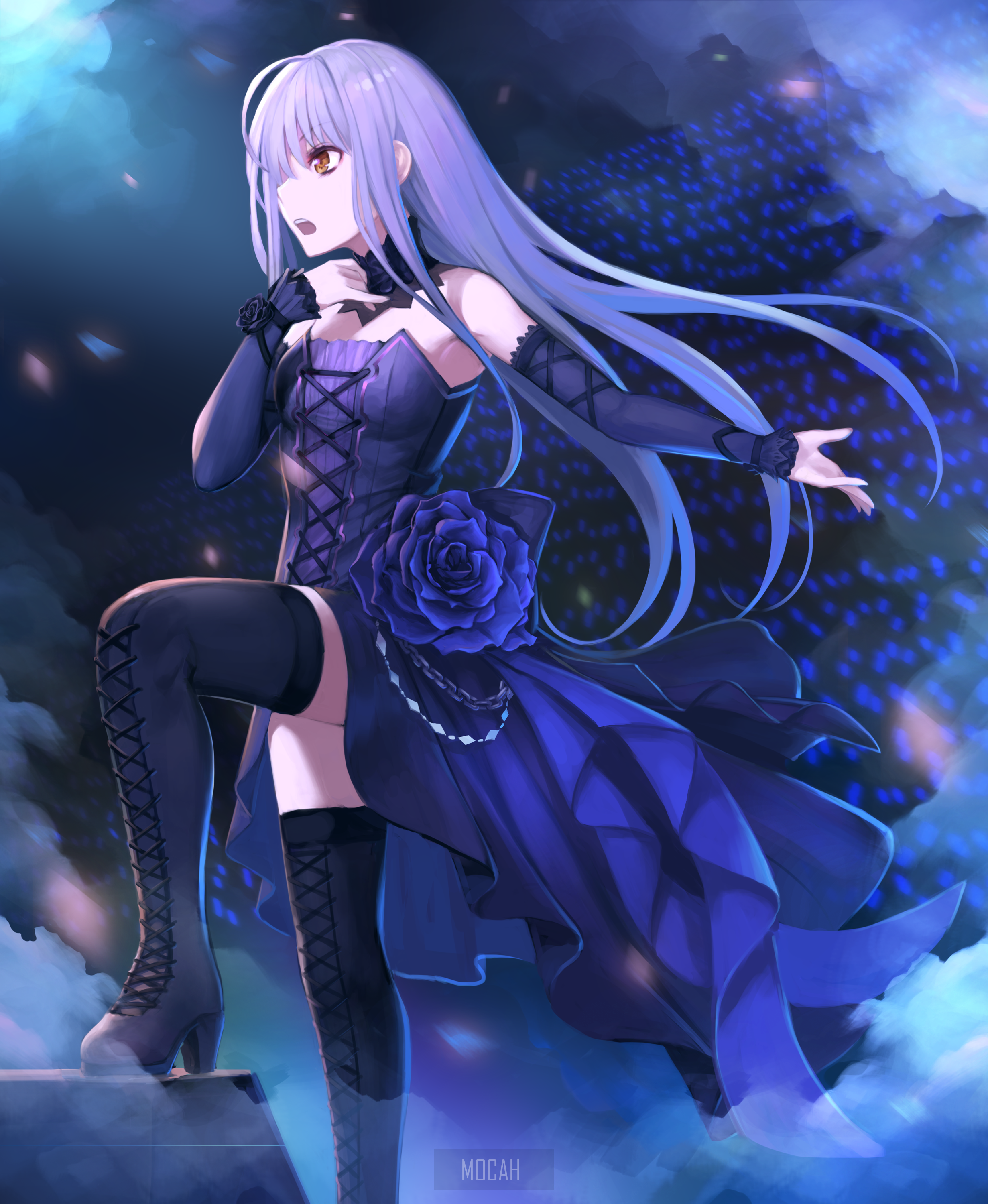 Anime girl with long purple hair in a blue dress HD Phone Wallpaper