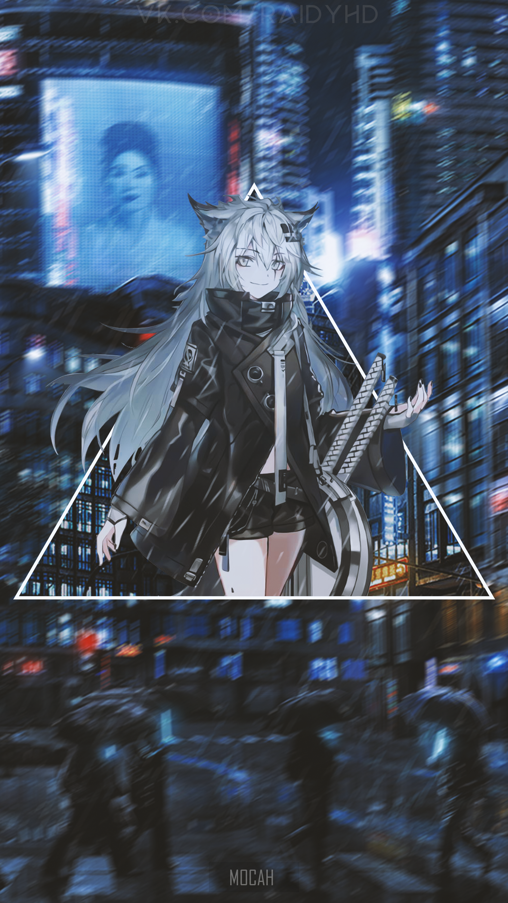 Anime girl with swords in a rainy city HD Phone Wallpaper