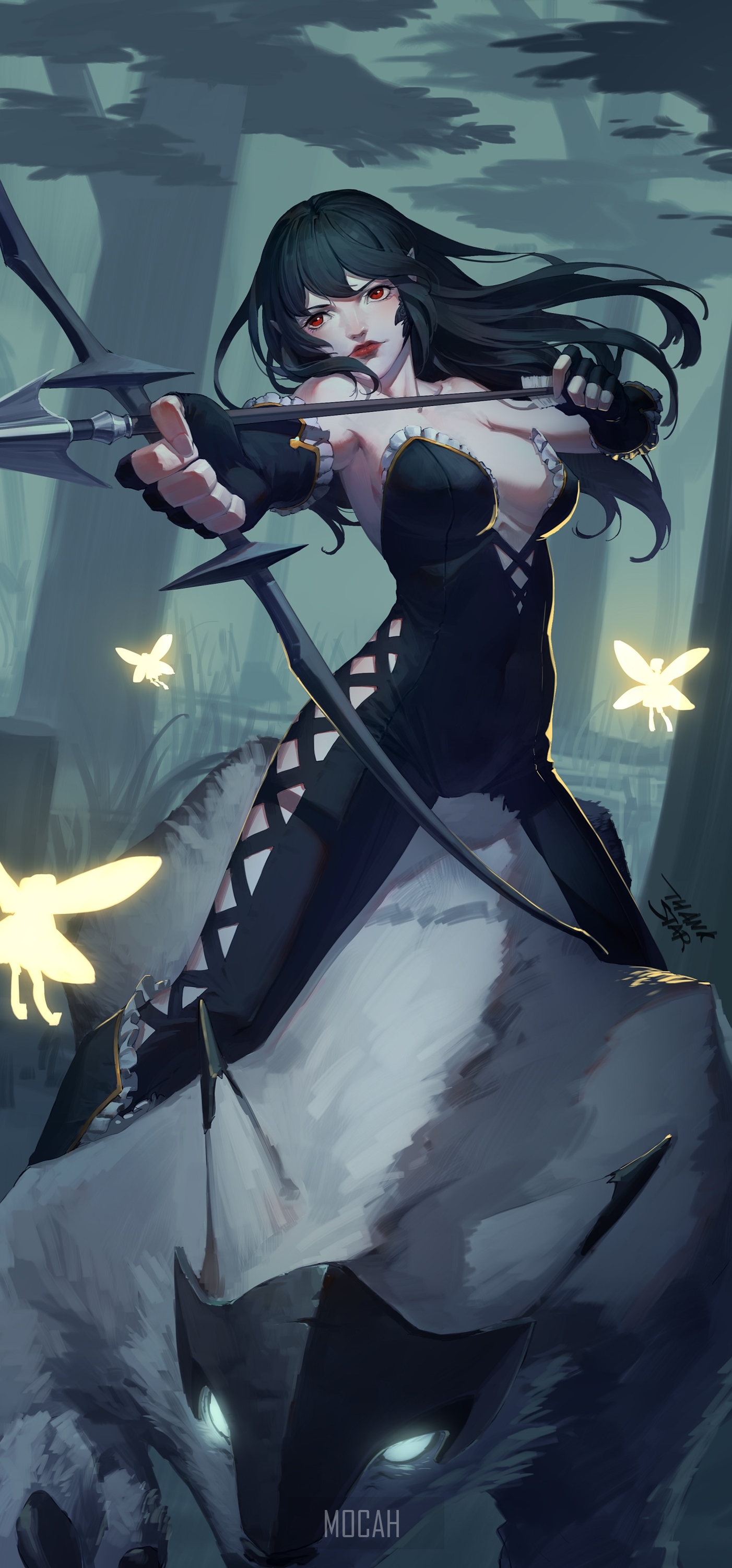 Anime girl archer riding a wolf-like creature HD Phone Wallpaper