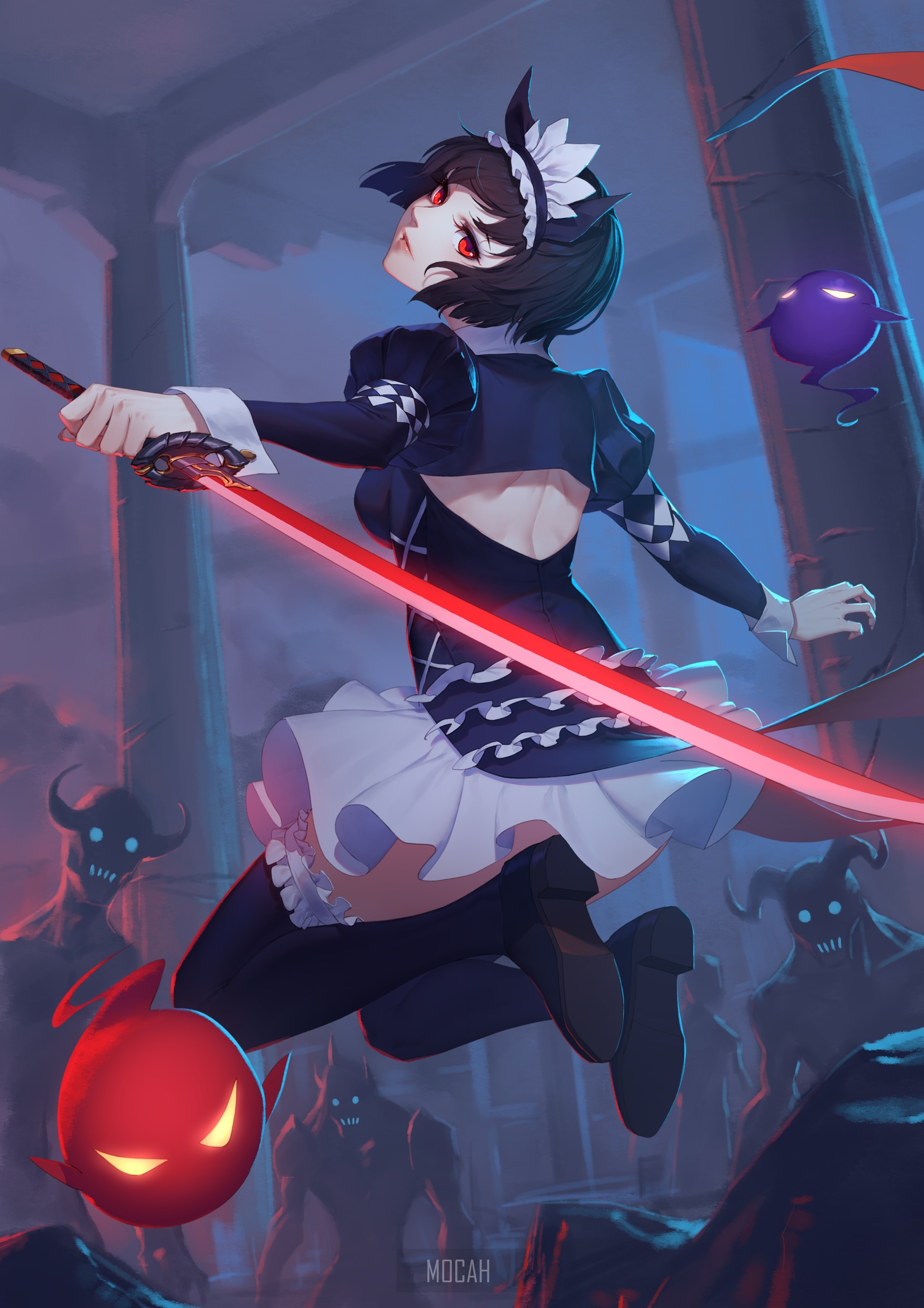 Anime girl with red sword fighting demons HD Phone Wallpaper