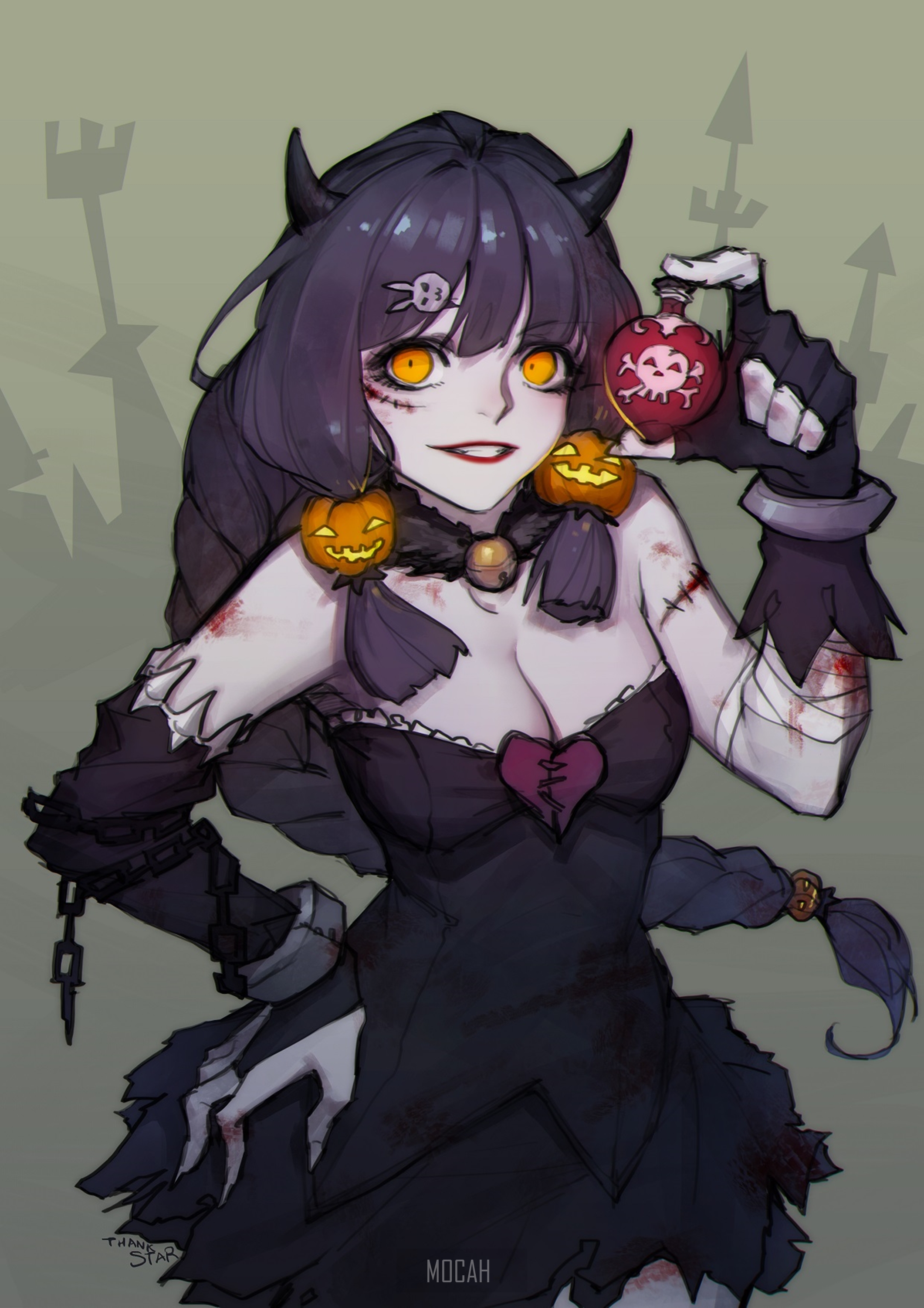 Anime girl with horns and pumpkins holding potion HD Phone Wallpaper