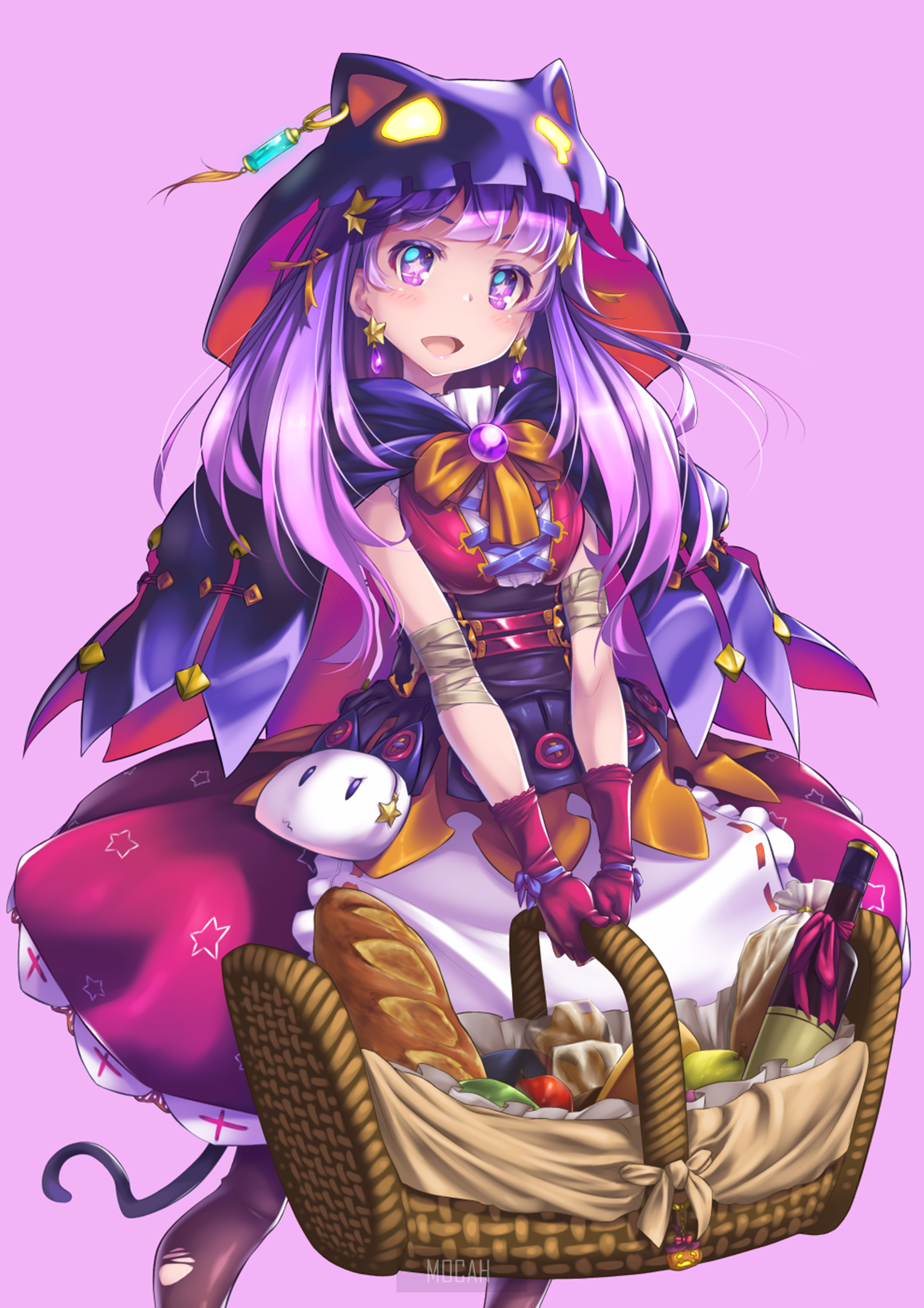 Anime girl with purple hair holding a picnic basket HD Phone Wallpaper