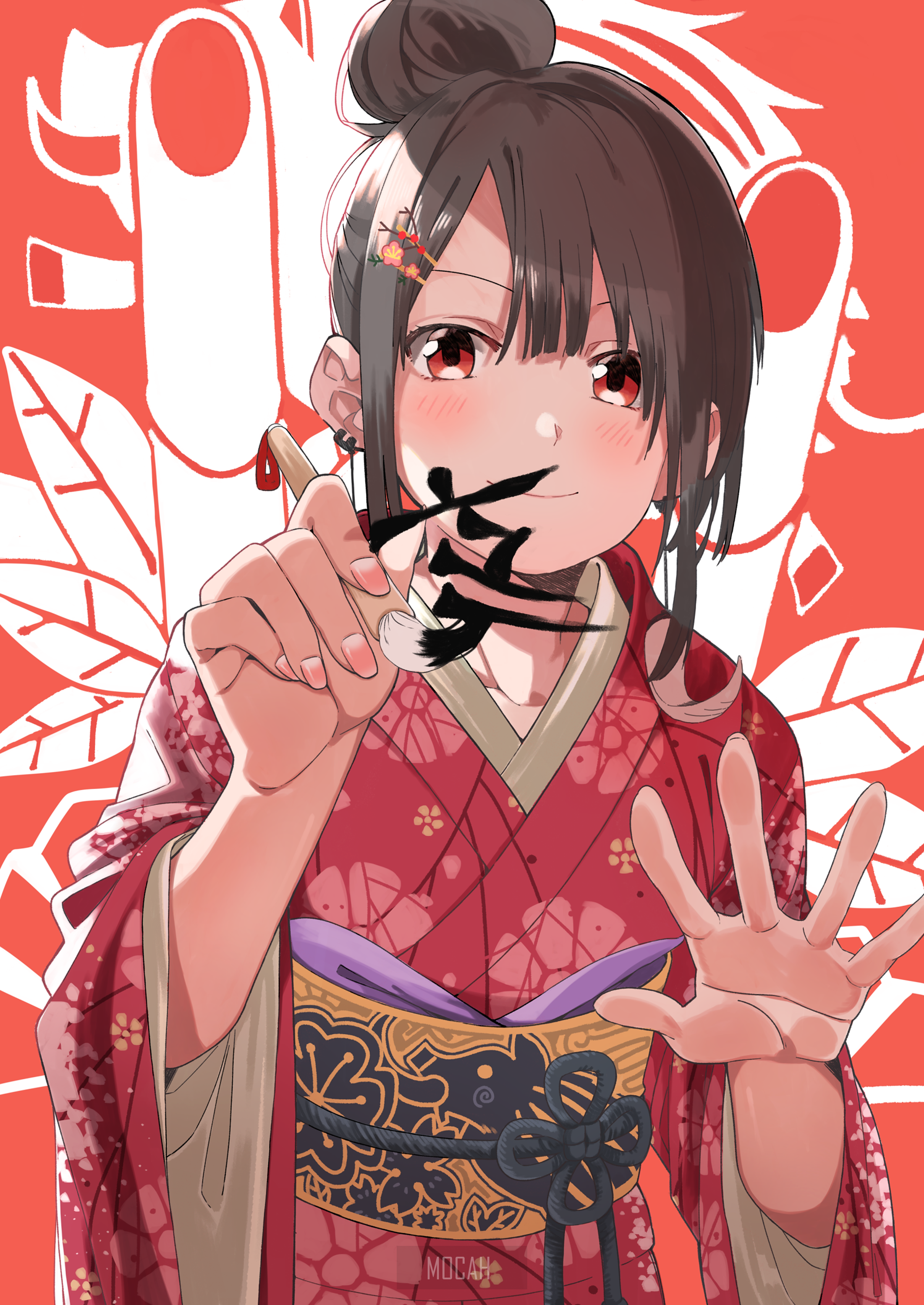 Anime girl in kimono writing with brush HD Phone Wallpaper