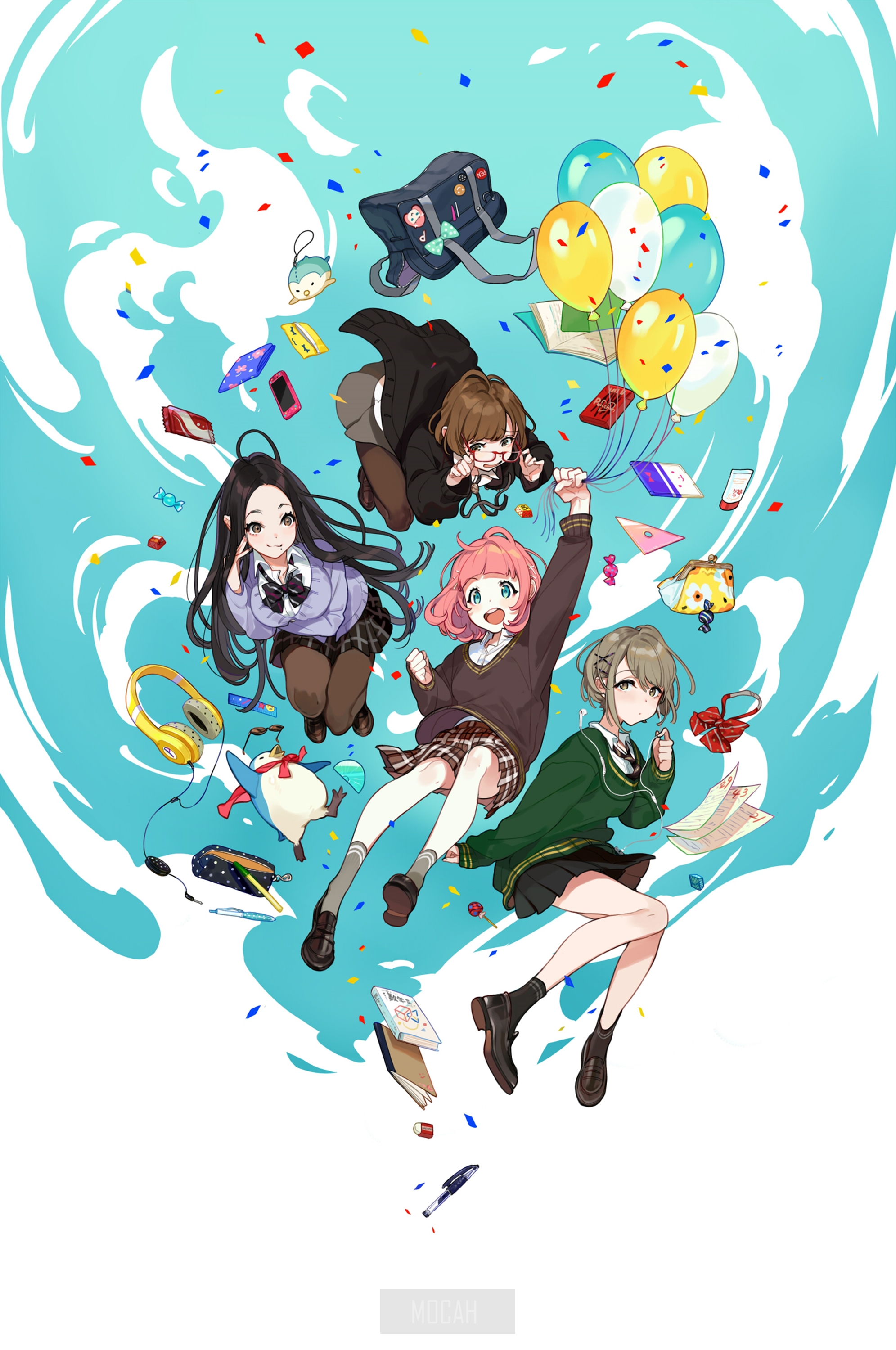 Four anime girls with school bags and balloons HD Phone Wallpaper