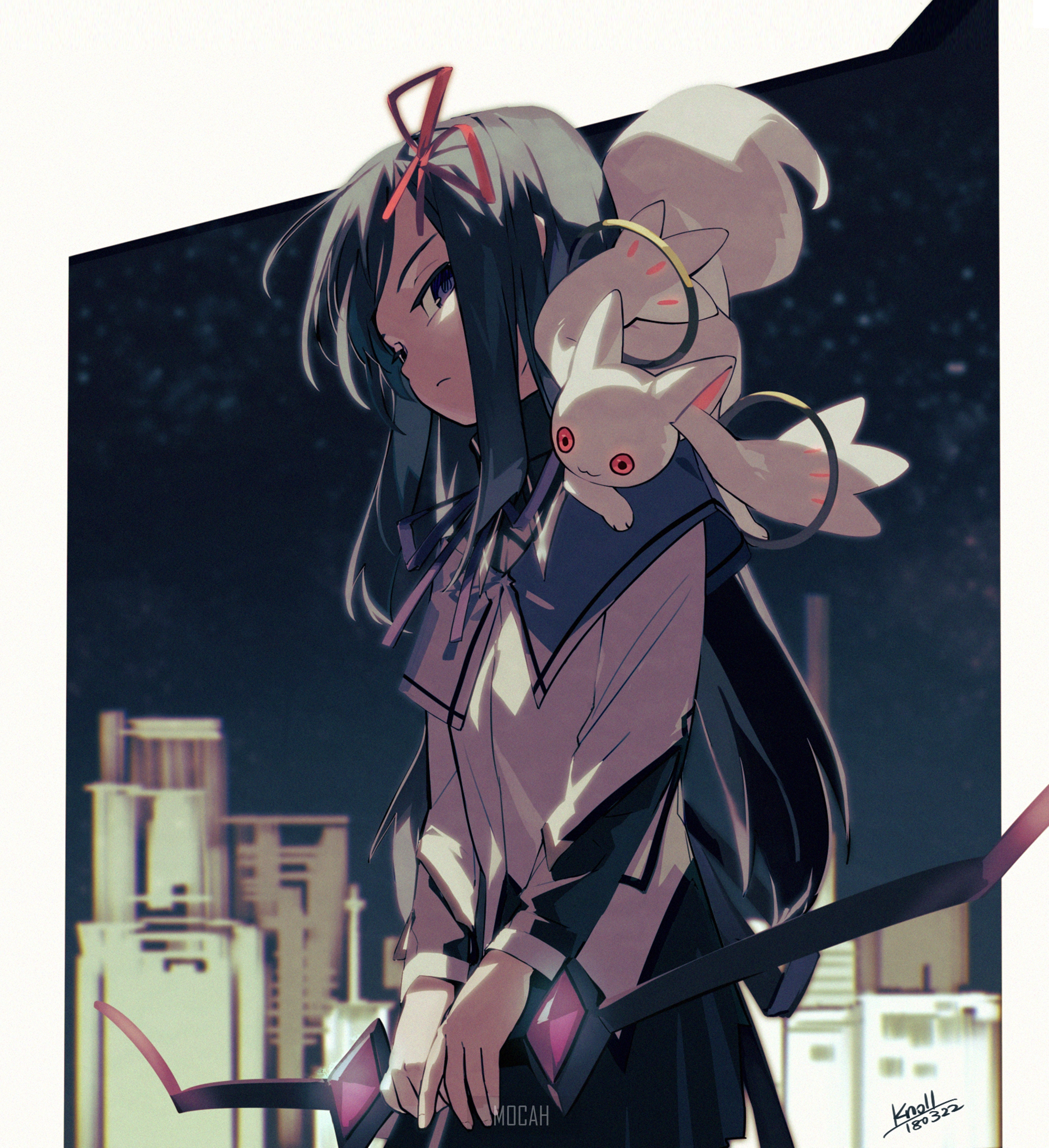 Akemi Homura from Puella Magi Madoka Magica with Kyubey HD Phone Wallpaper