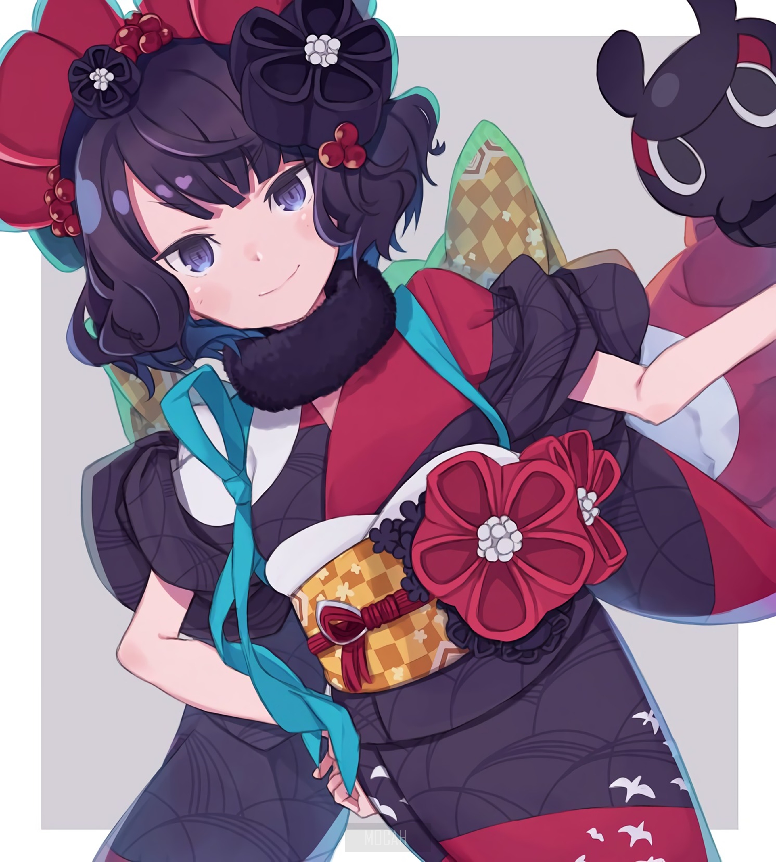 Anime girl in kimono with a creature from Fate/Grand Order HD Phone Wallpaper