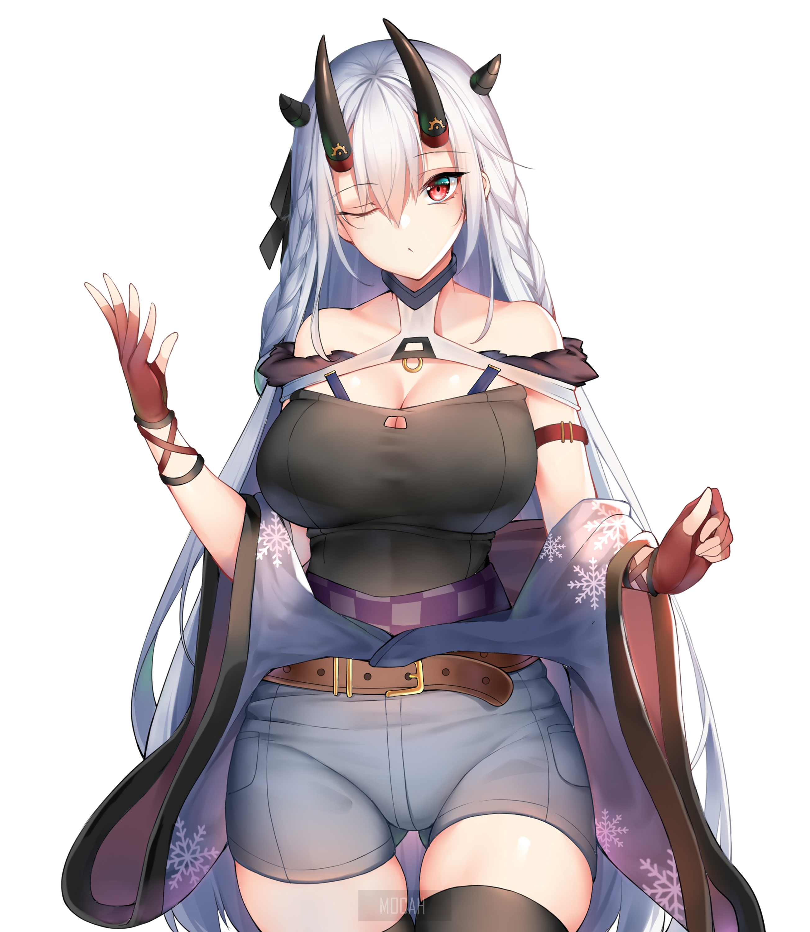 Anime girl with white hair and horns HD Phone Wallpaper
