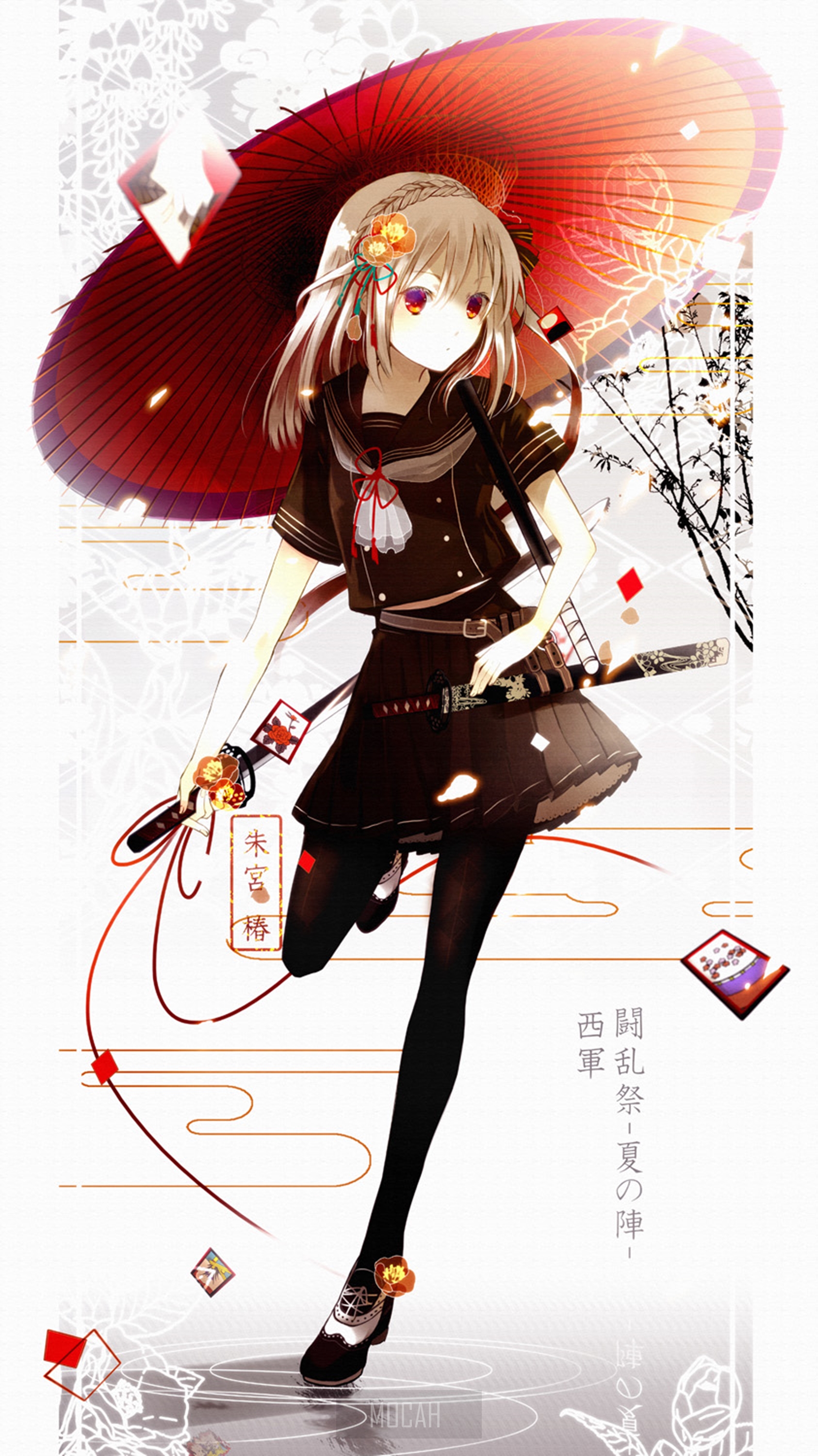 Anime girl with umbrella and sword HD Phone Wallpaper