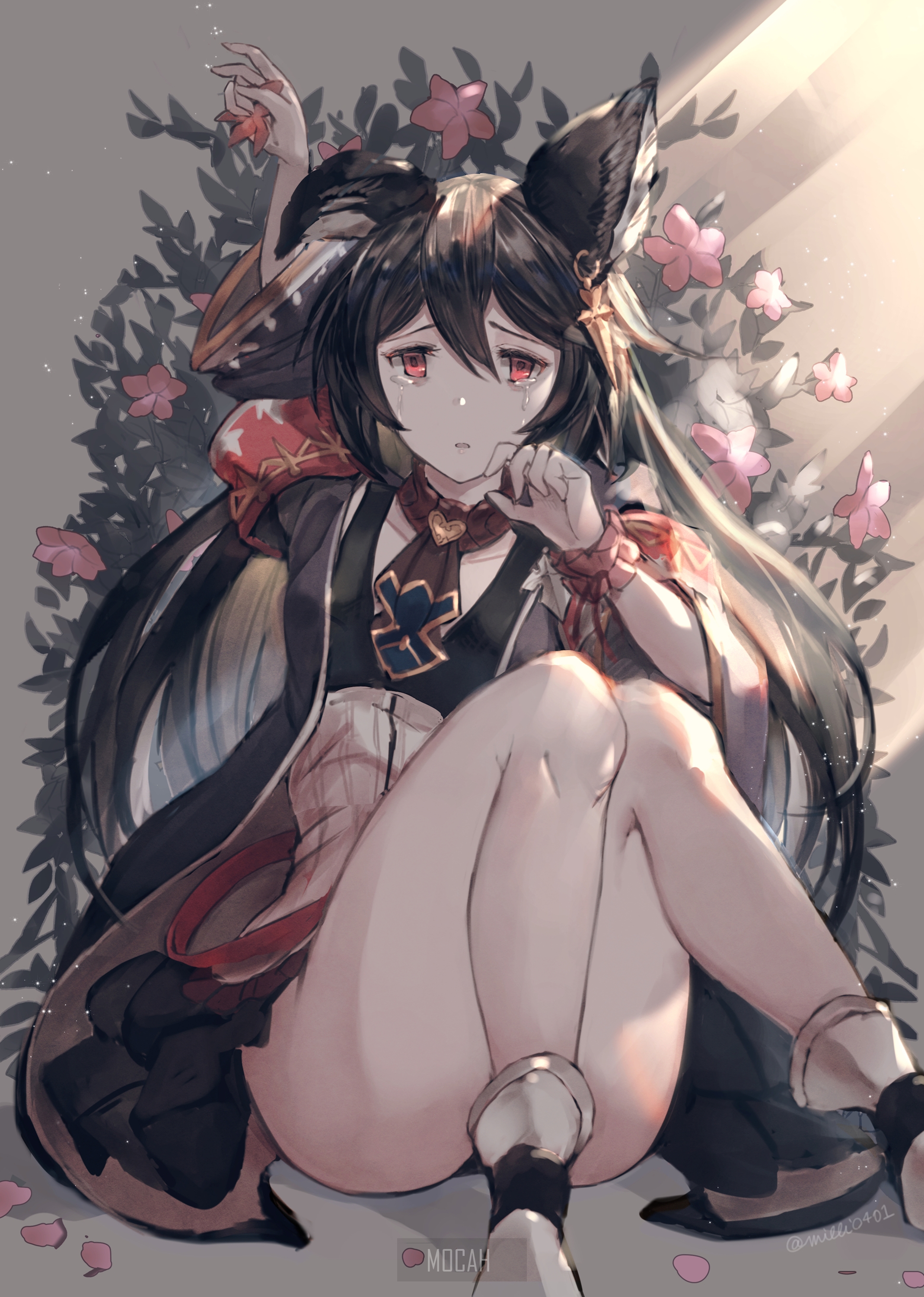 Anime girl with dog ears and flowers HD Phone Wallpaper