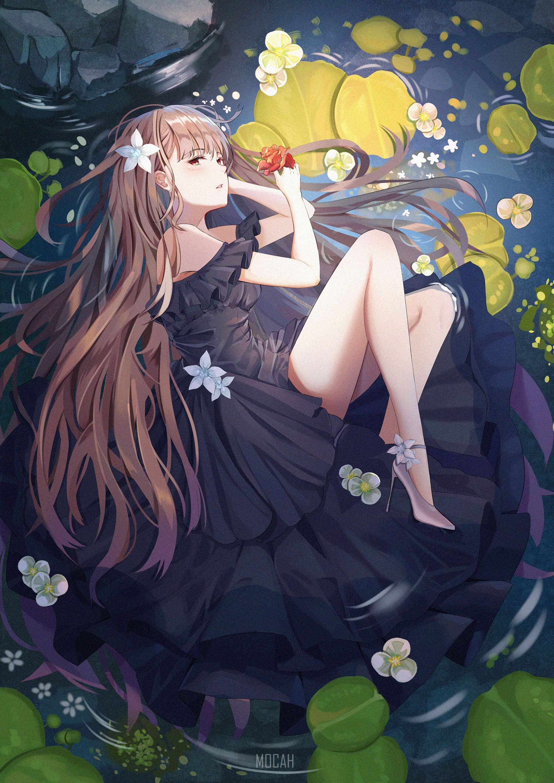 Anime girl in black dress lying on water with flowers HD Phone Wallpaper