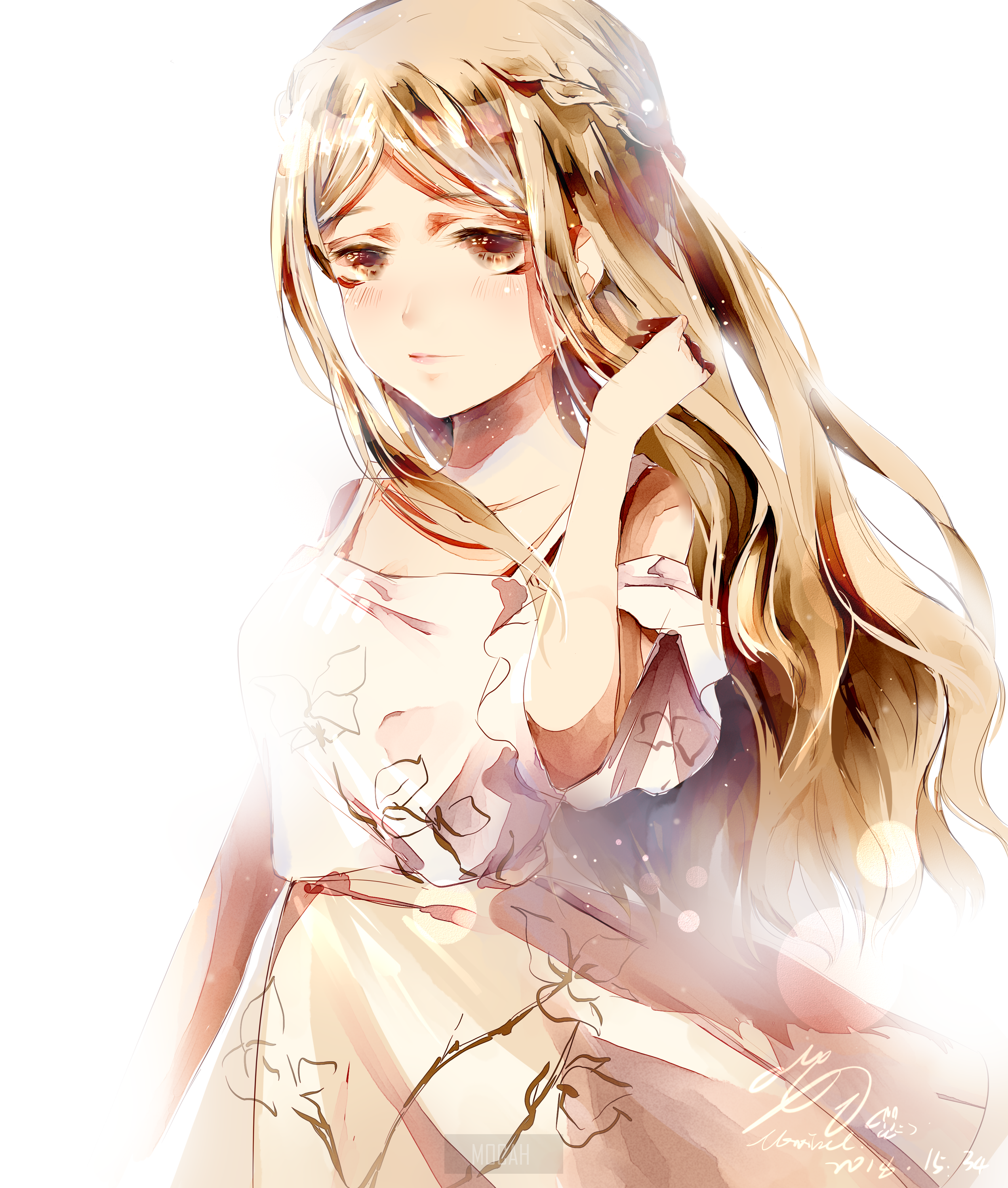 Anime girl with blonde hair, sad expression HD Phone Wallpaper