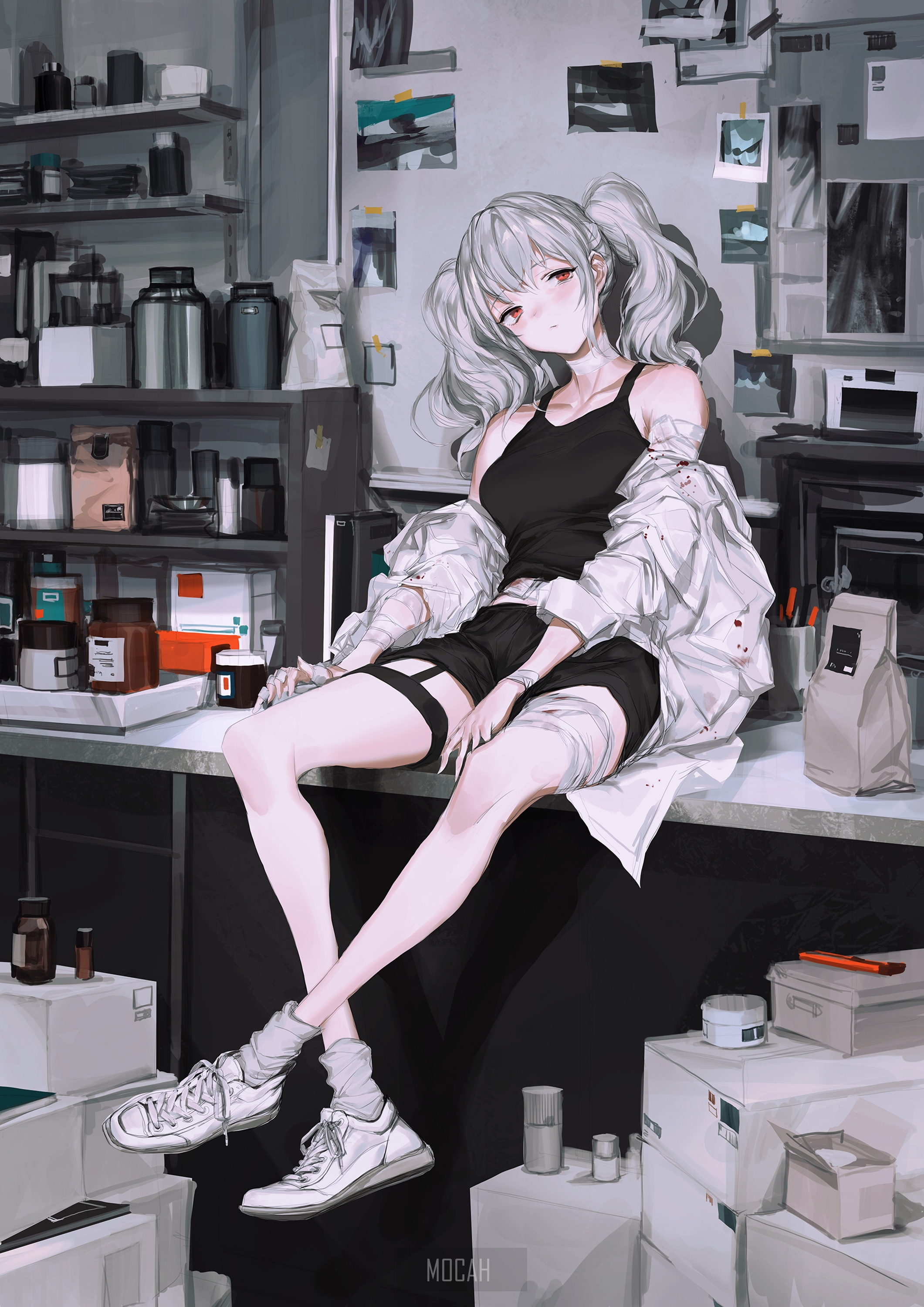 Anime girl with pigtails in a lab setting HD Phone Wallpaper