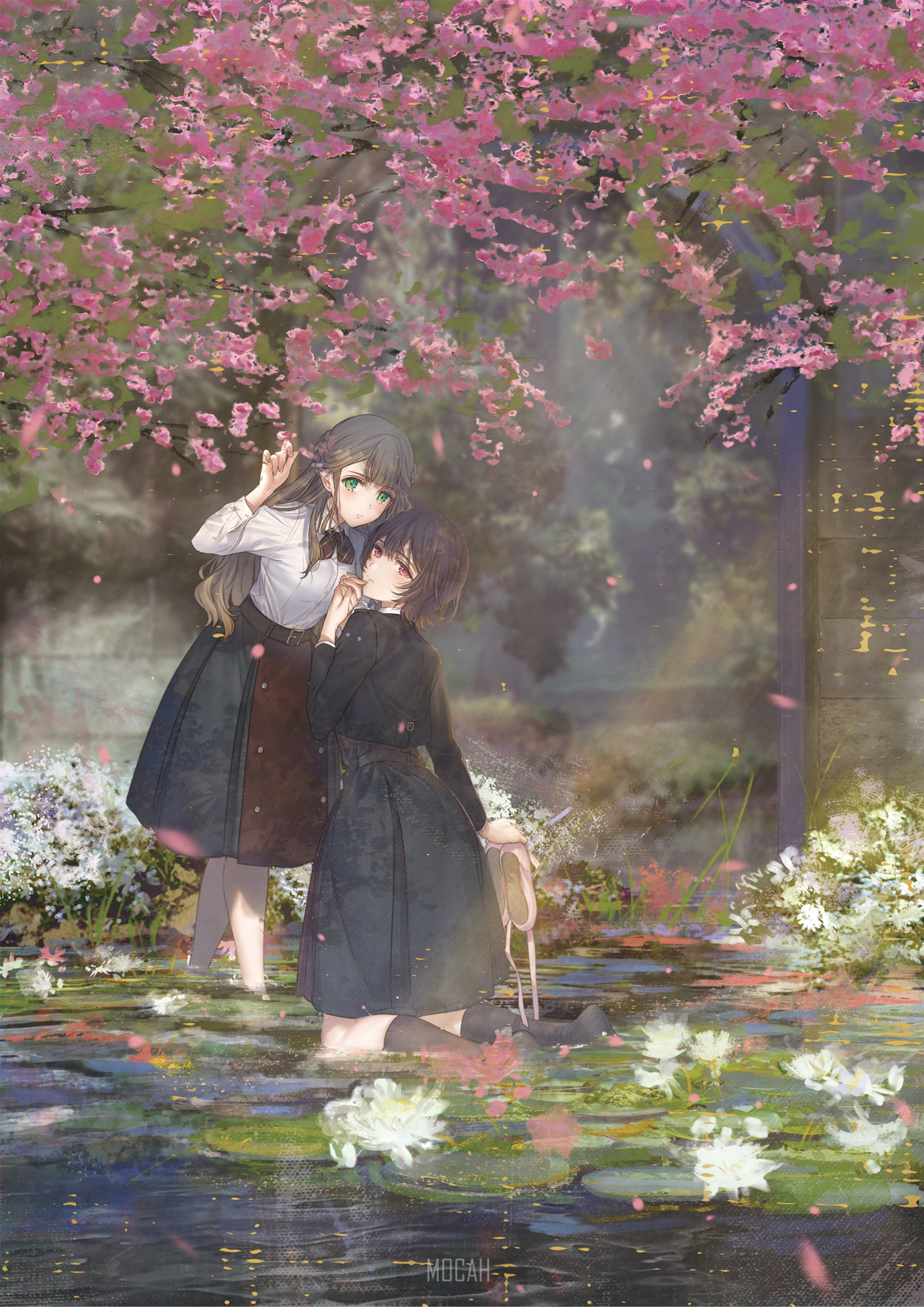 Two anime girls under a cherry blossom tree HD Phone Wallpaper