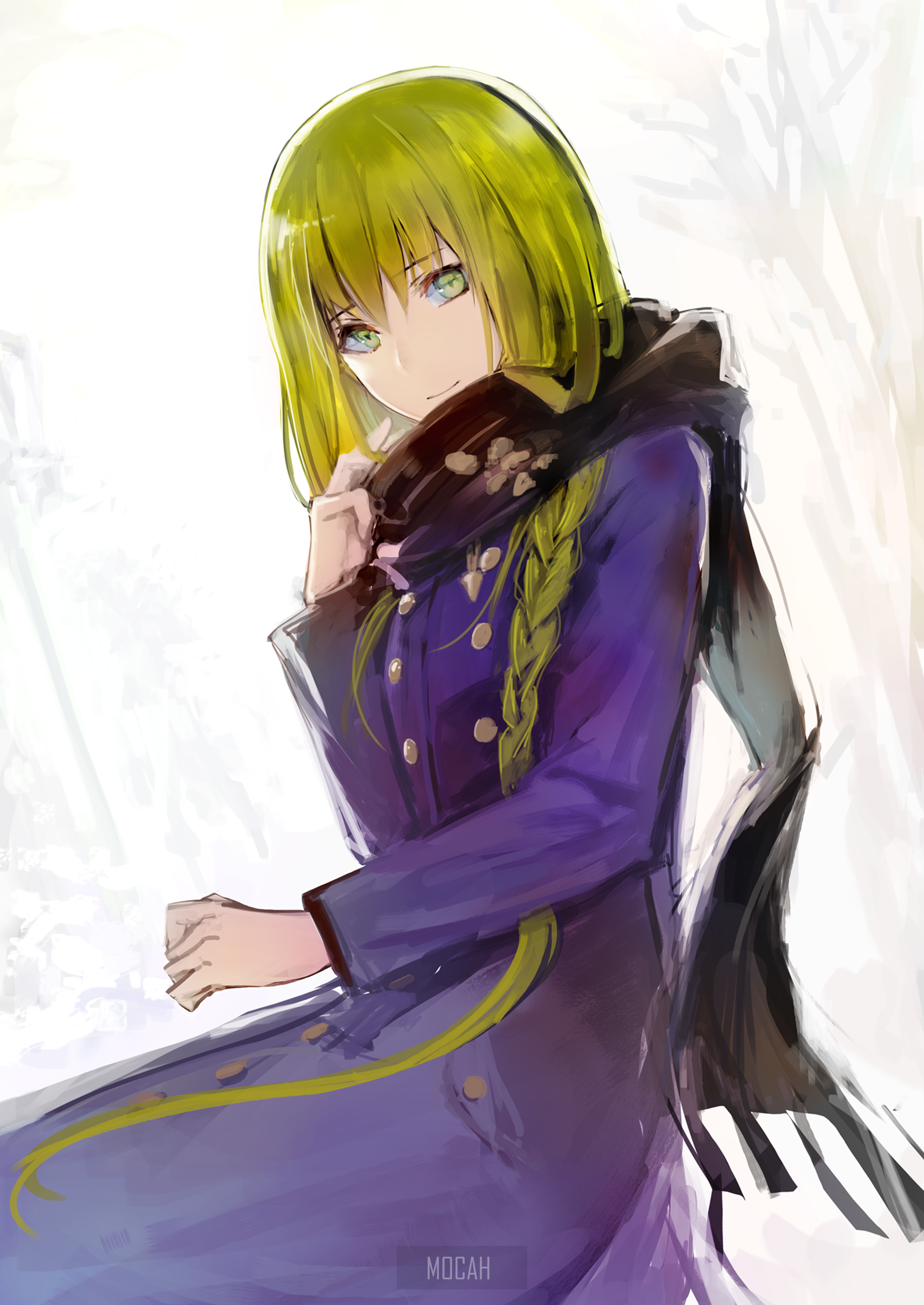 Anime girl with green hair and eyes wearing a scarf and coat HD Phone Wallpaper