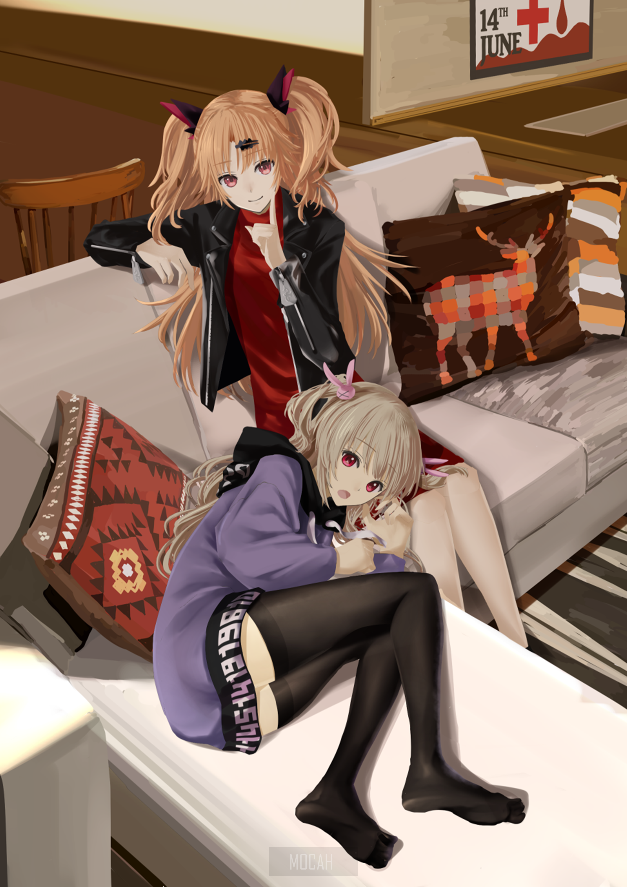 Two anime girls relaxing on a couch HD Phone Wallpaper