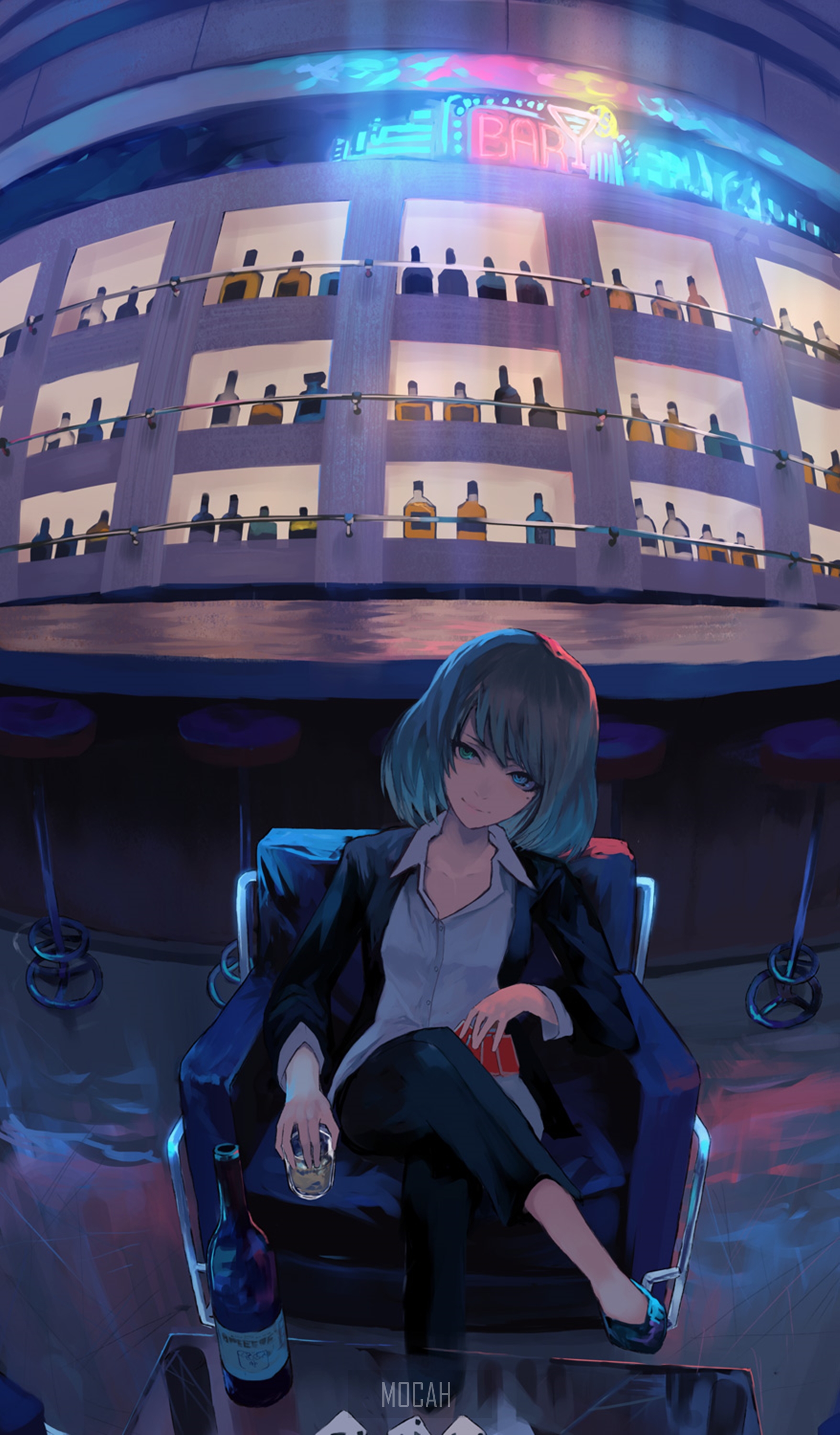 Anime girl in a bar HD Phone Wallpaper