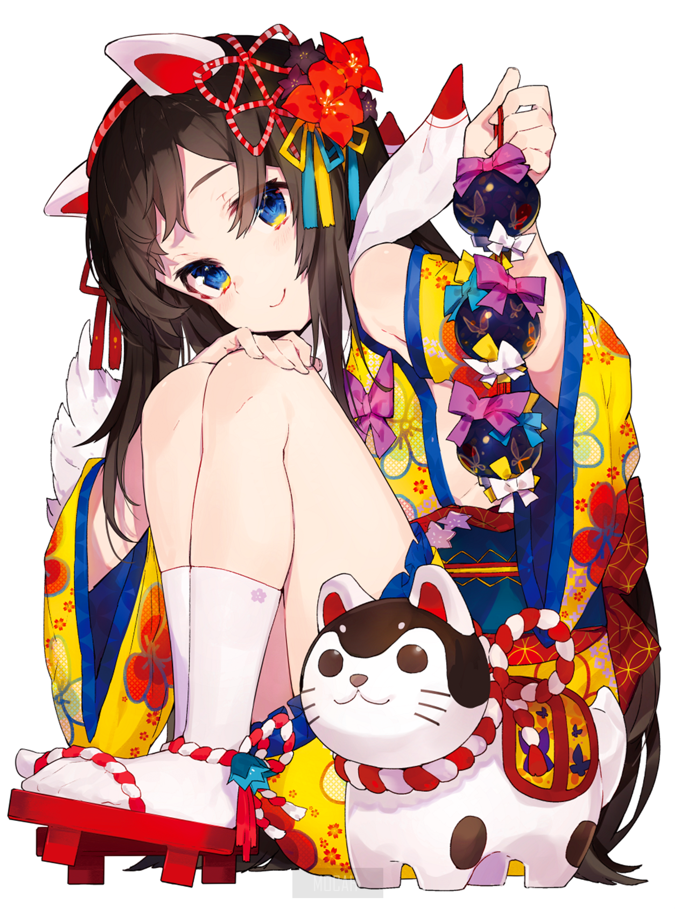 Anime girl with animal ears and a dog figurine HD Phone Wallpaper