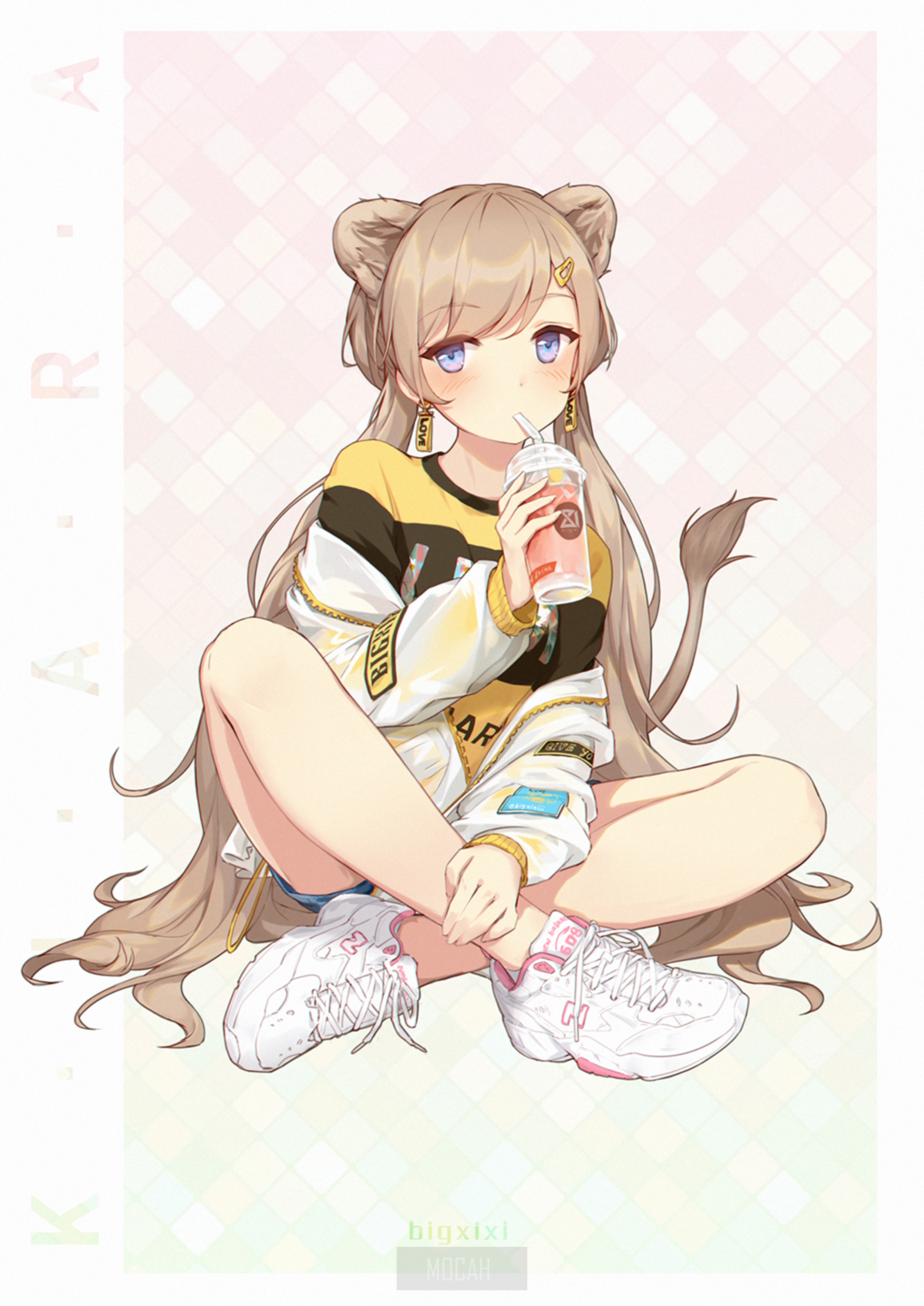 Anime girl with lion ears drinking a beverage HD Phone Wallpaper