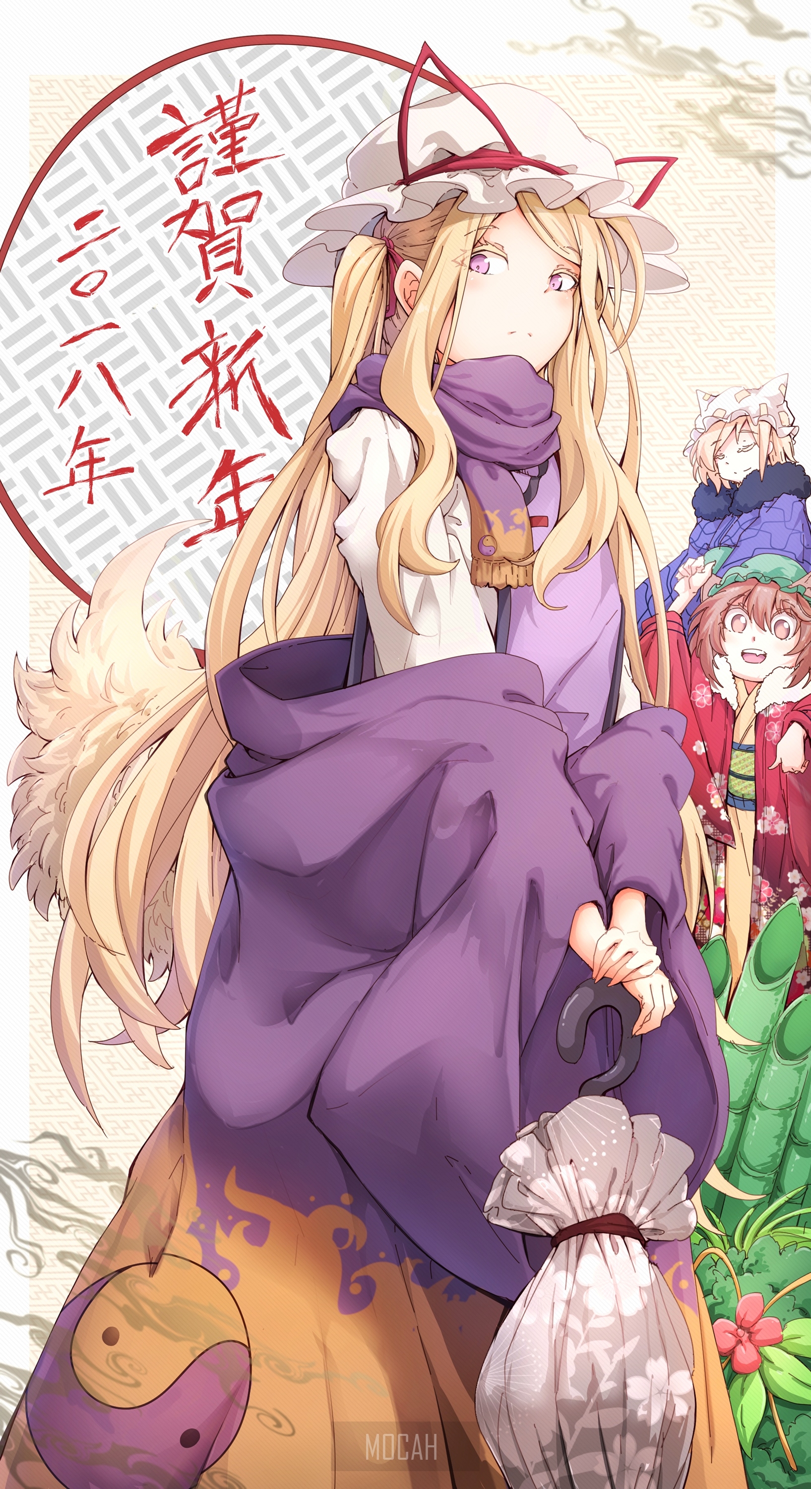 Anime girl with blonde hair and purple eyes from Touhou HD Phone Wallpaper