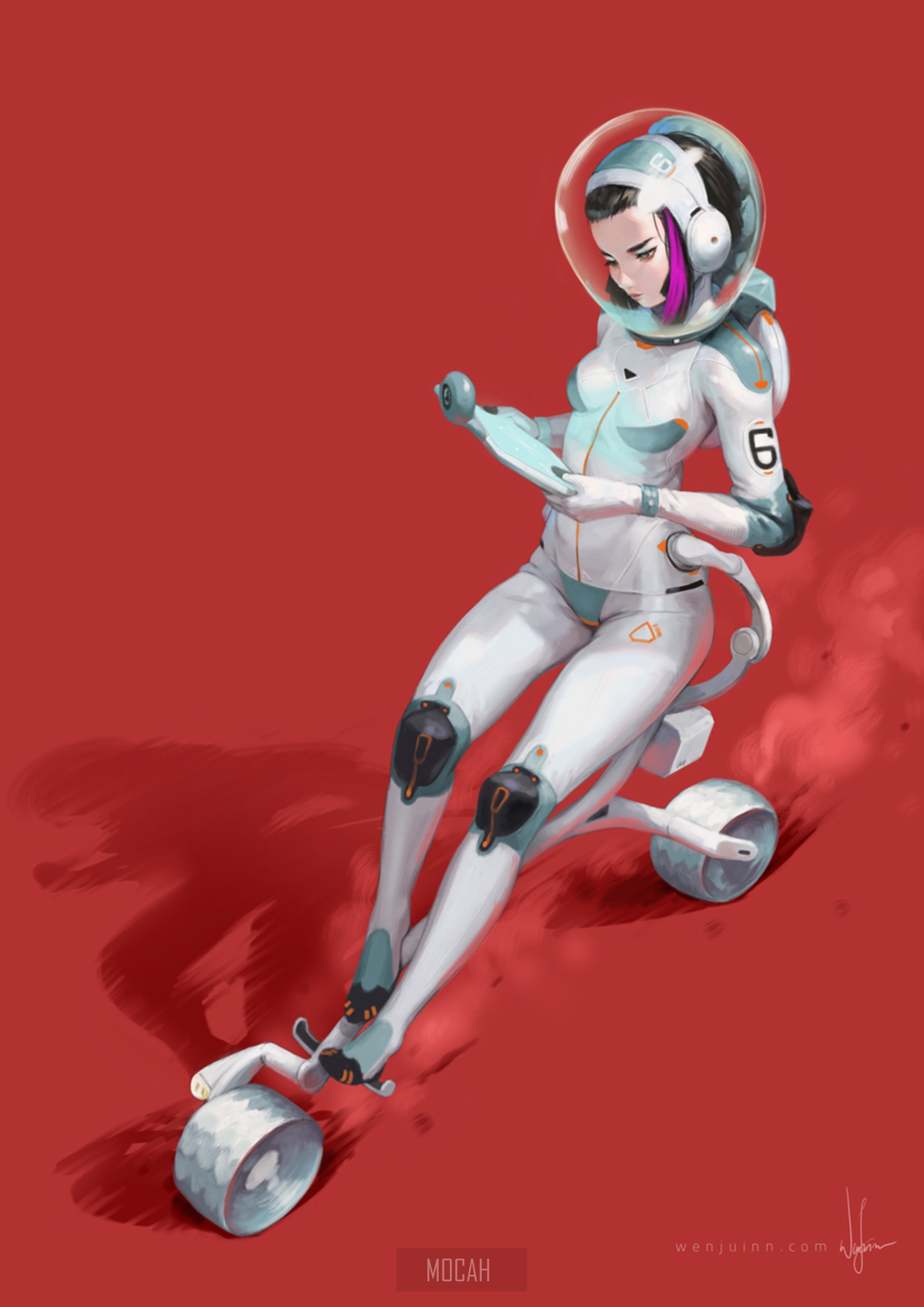 Anime girl in a spacesuit riding a futuristic tricycle HD Phone Wallpaper