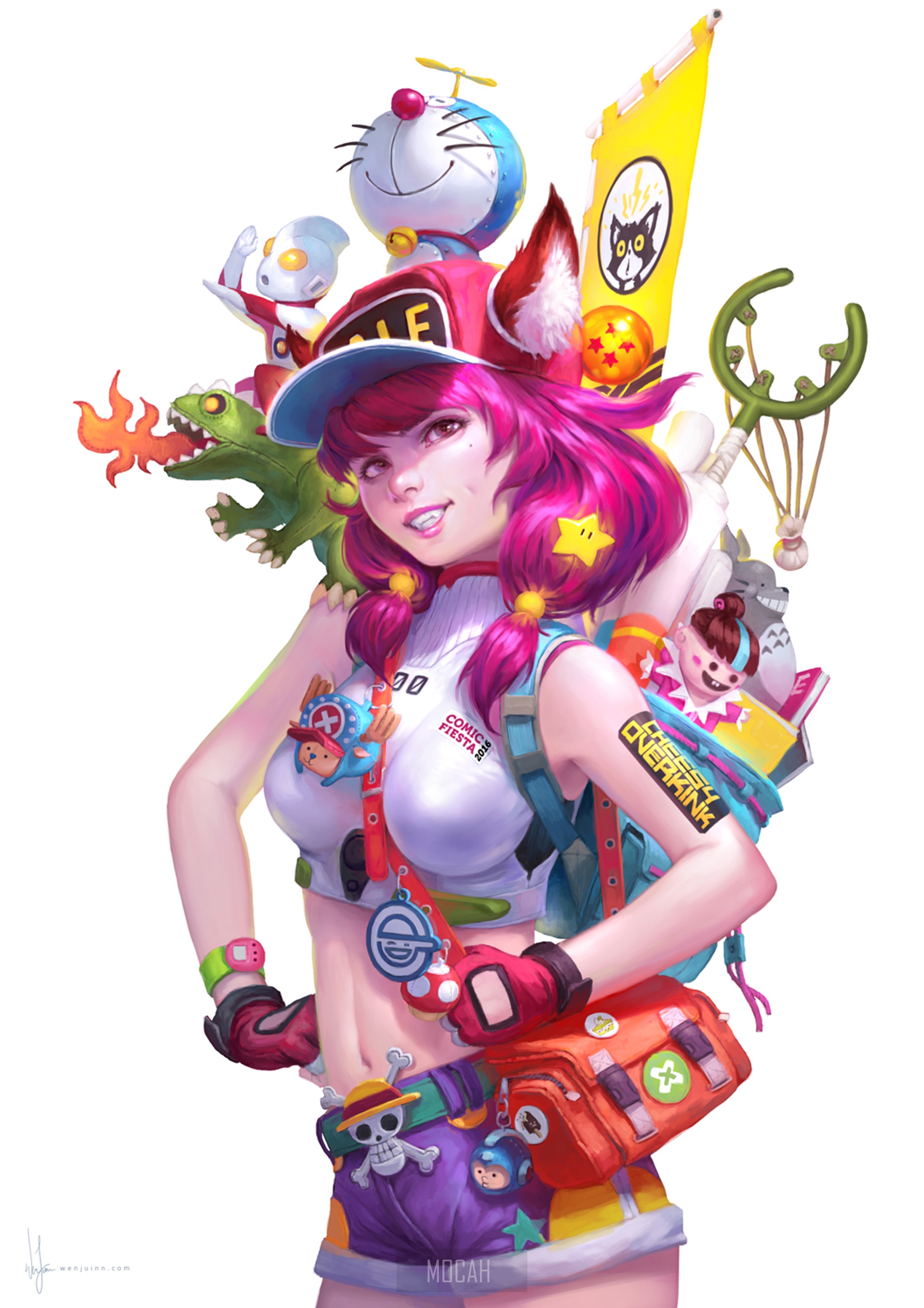 Anime girl with various anime characters on her backpack HD Phone Wallpaper