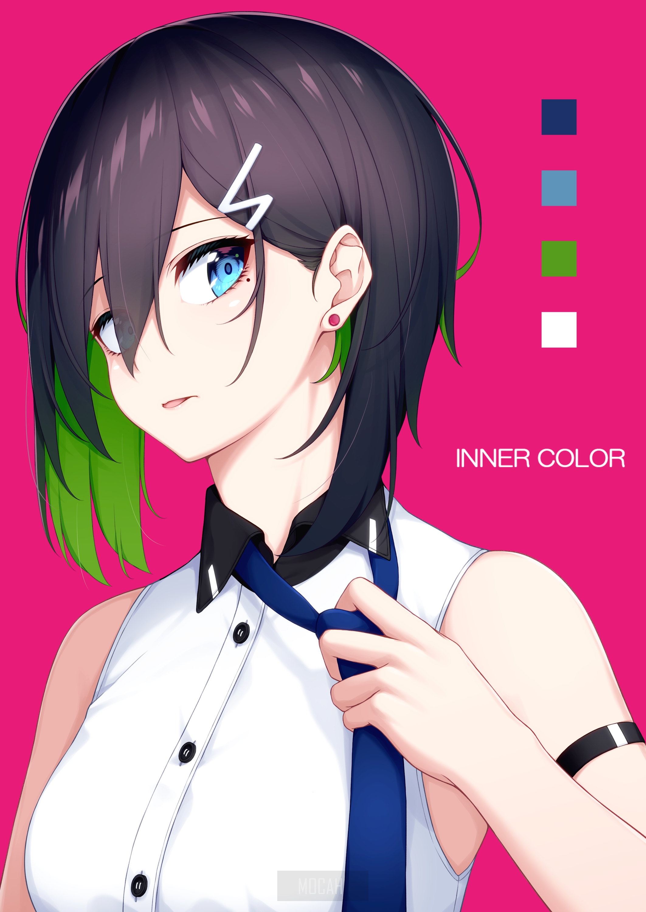 Anime girl with dark hair and blue eyes adjusting tie HD Phone Wallpaper