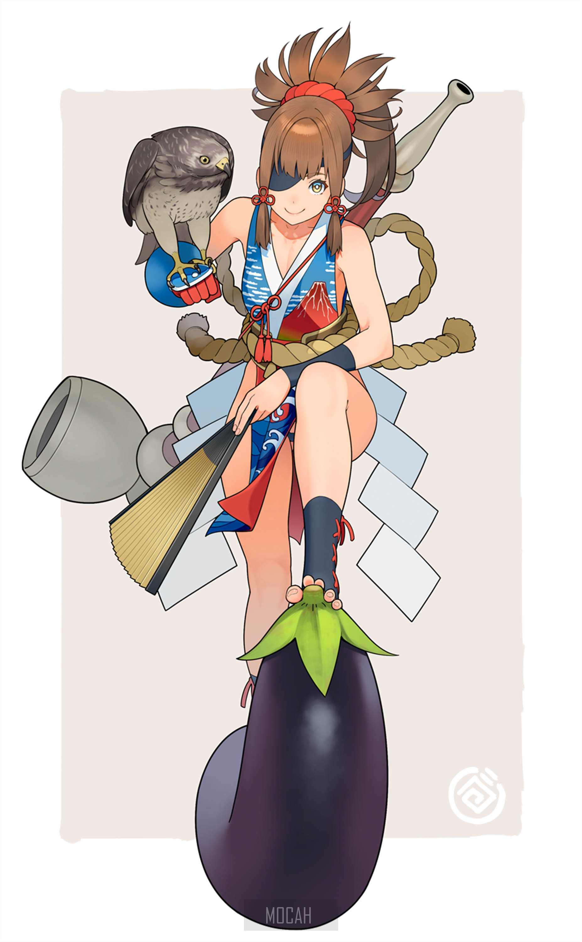 Anime girl with eyepatch and hawk on eggplant HD Phone Wallpaper