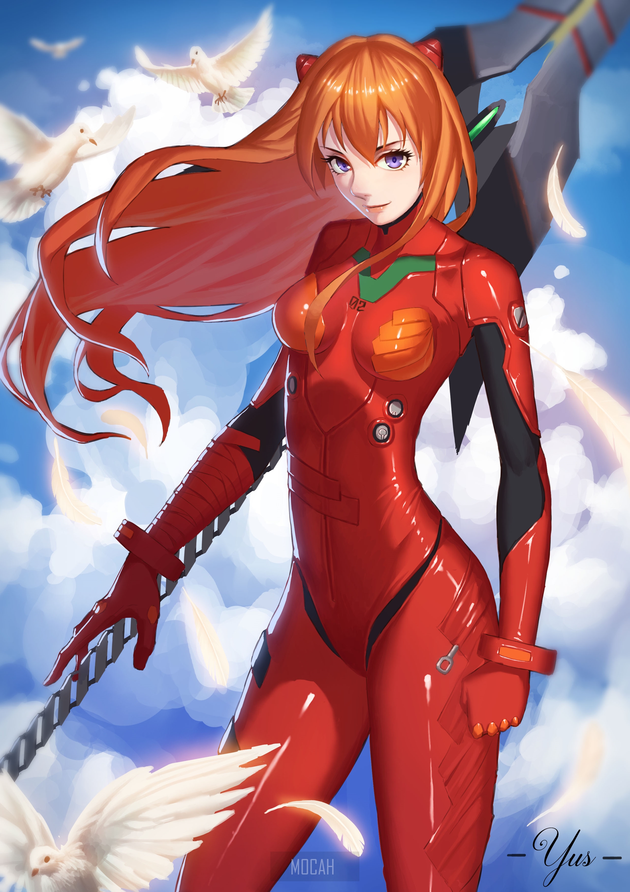 Asuka Langley Soryu from Neon Genesis Evangelion with Pigeons HD Phone Wallpaper