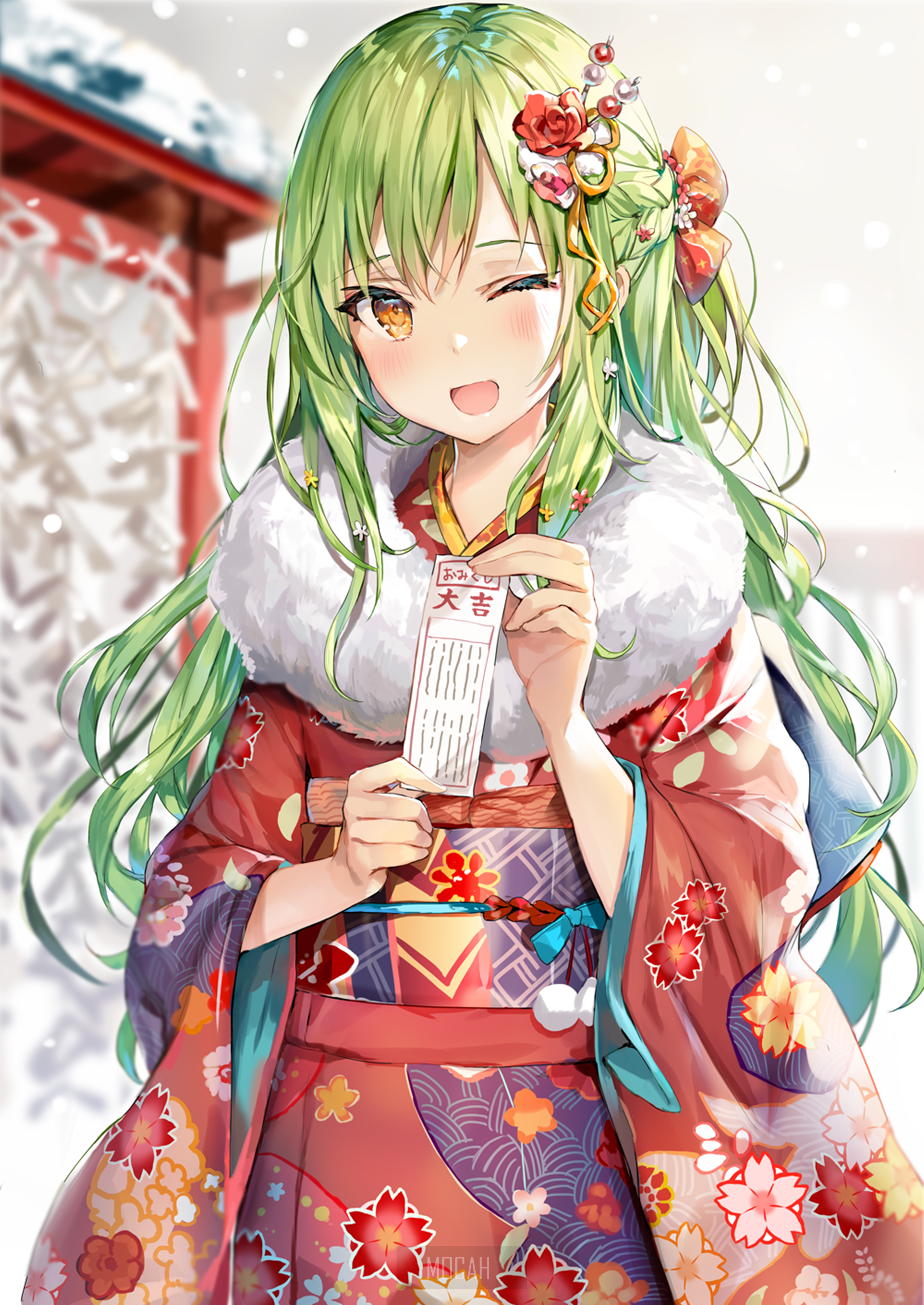 Anime girl in kimono holding omikuji HD Phone Wallpaper