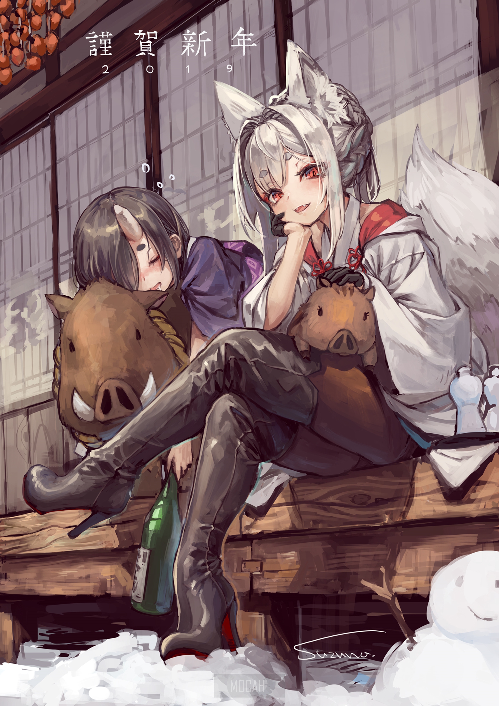 Anime girls with animal ears and boar plushies HD Phone Wallpaper