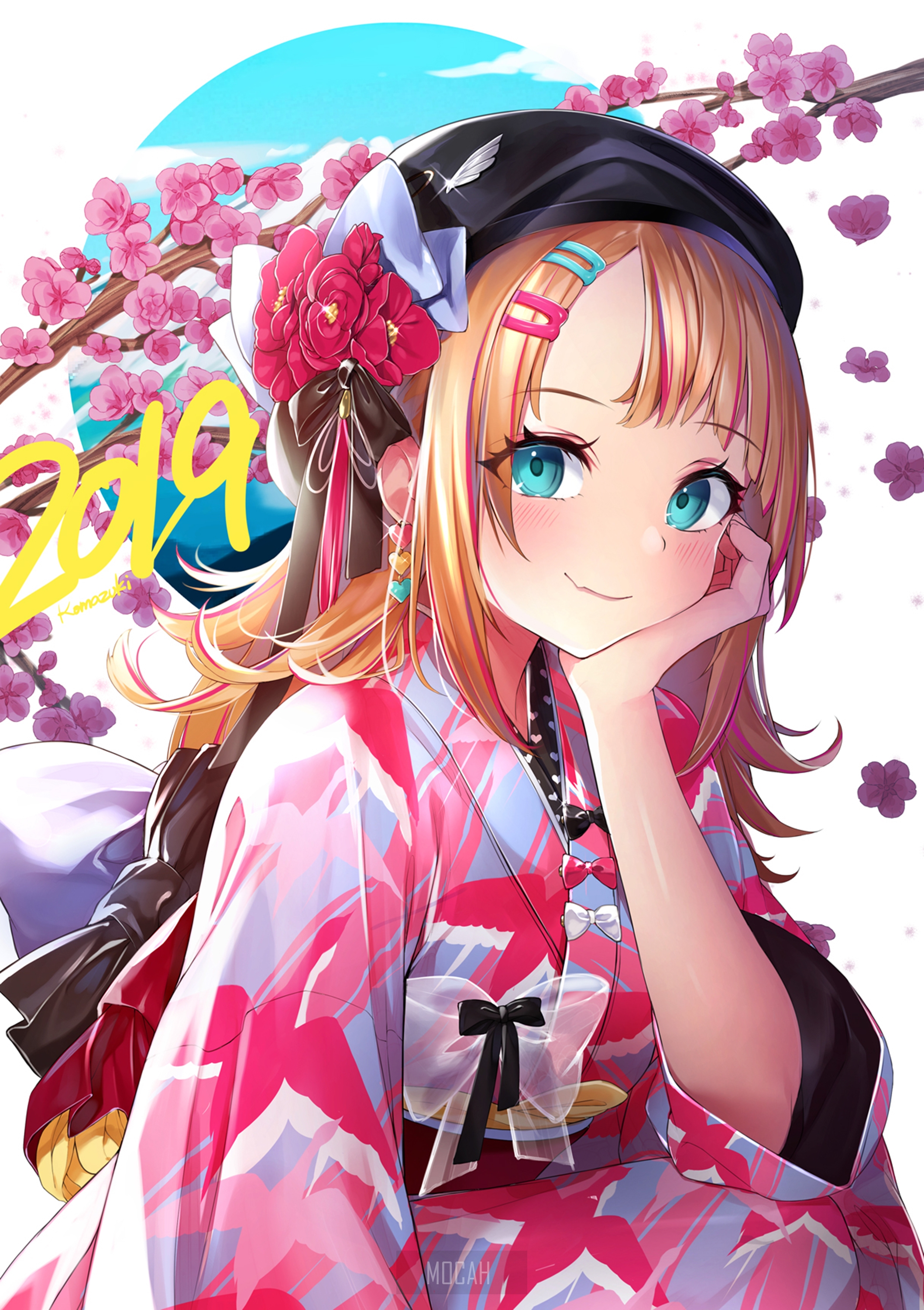 Anime girl in kimono with cherry blossoms HD Phone Wallpaper