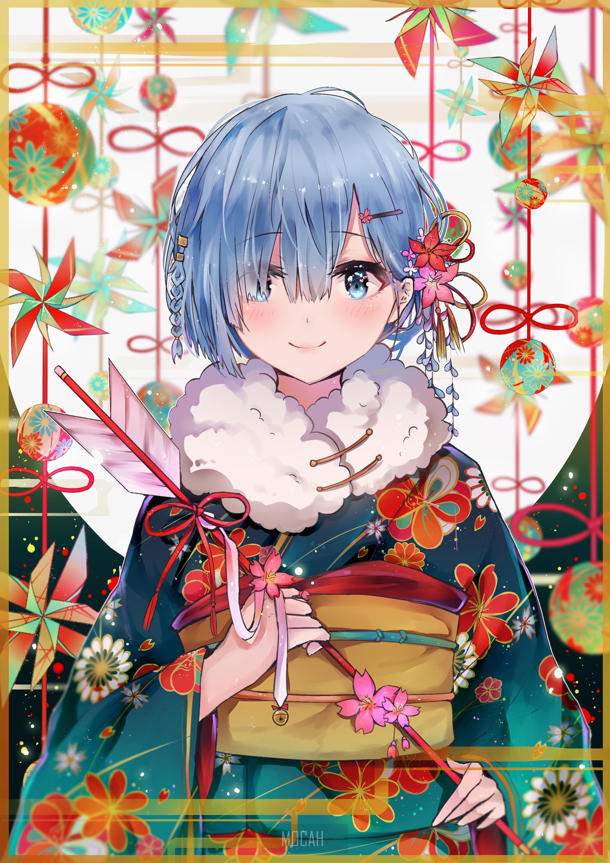 Rem from Re:Zero in a Kimono HD Phone Wallpaper