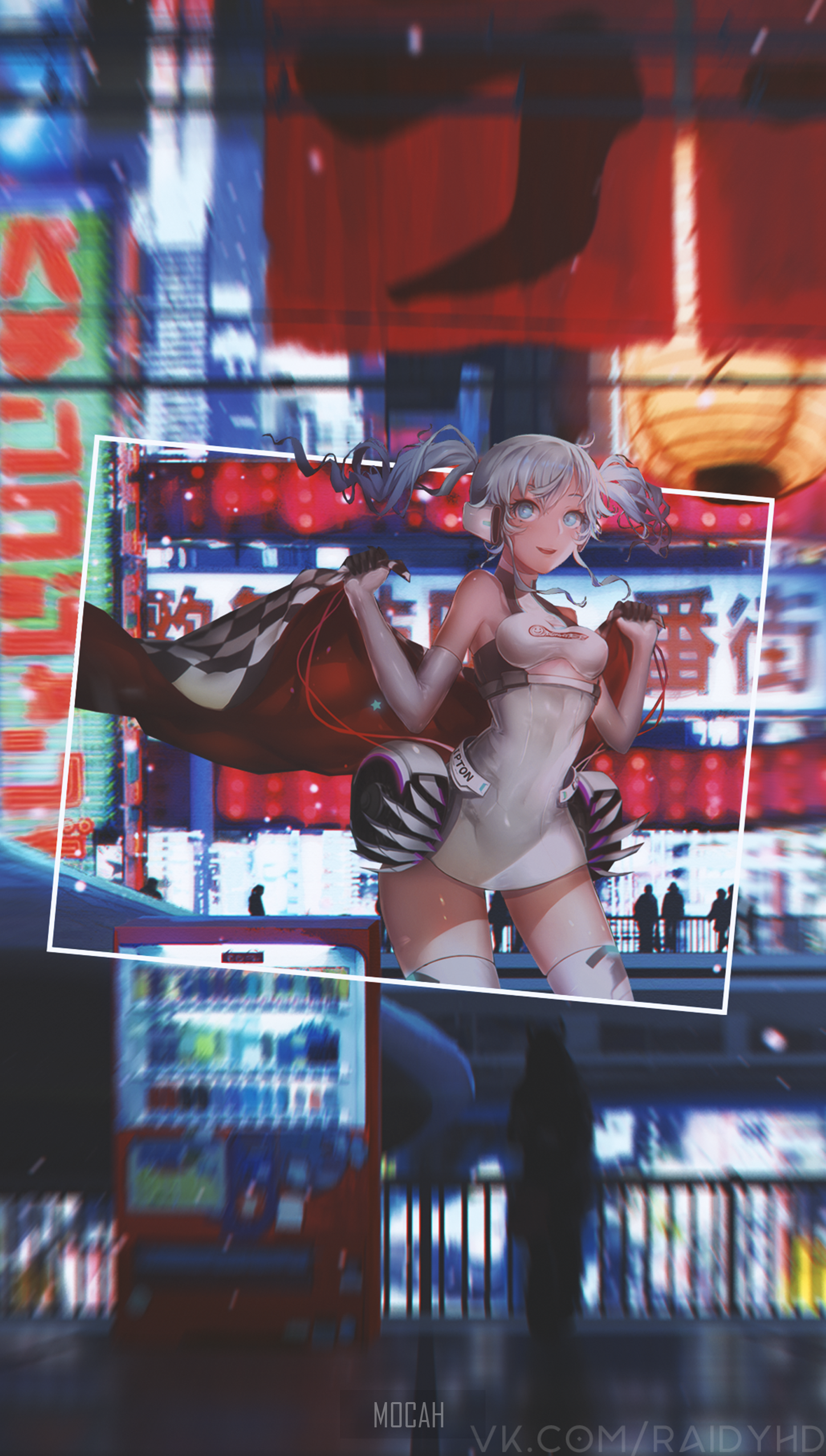 Anime girl with pigtails in a futuristic city HD Phone Wallpaper