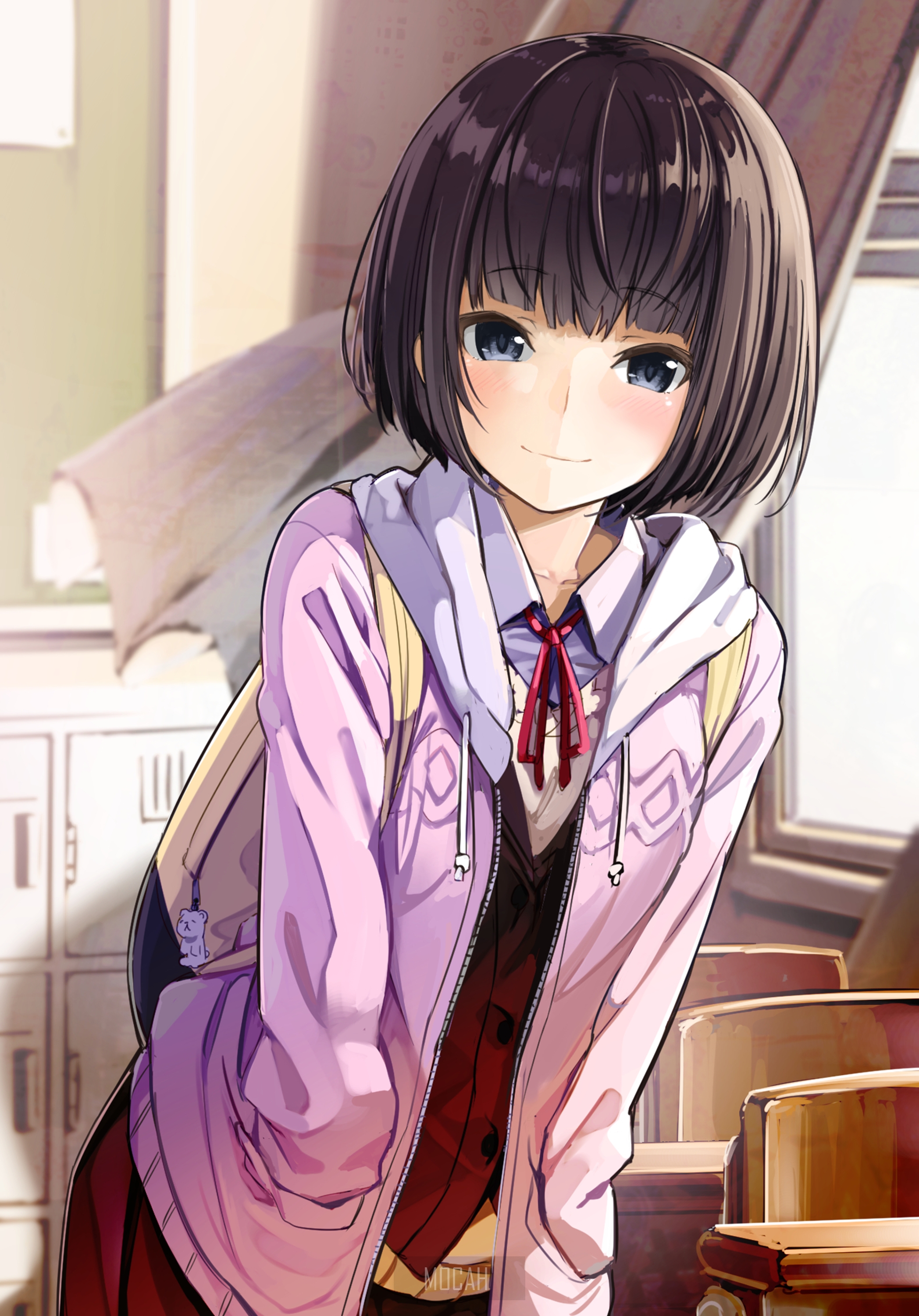Anime girl with short dark hair in a school uniform HD Phone Wallpaper