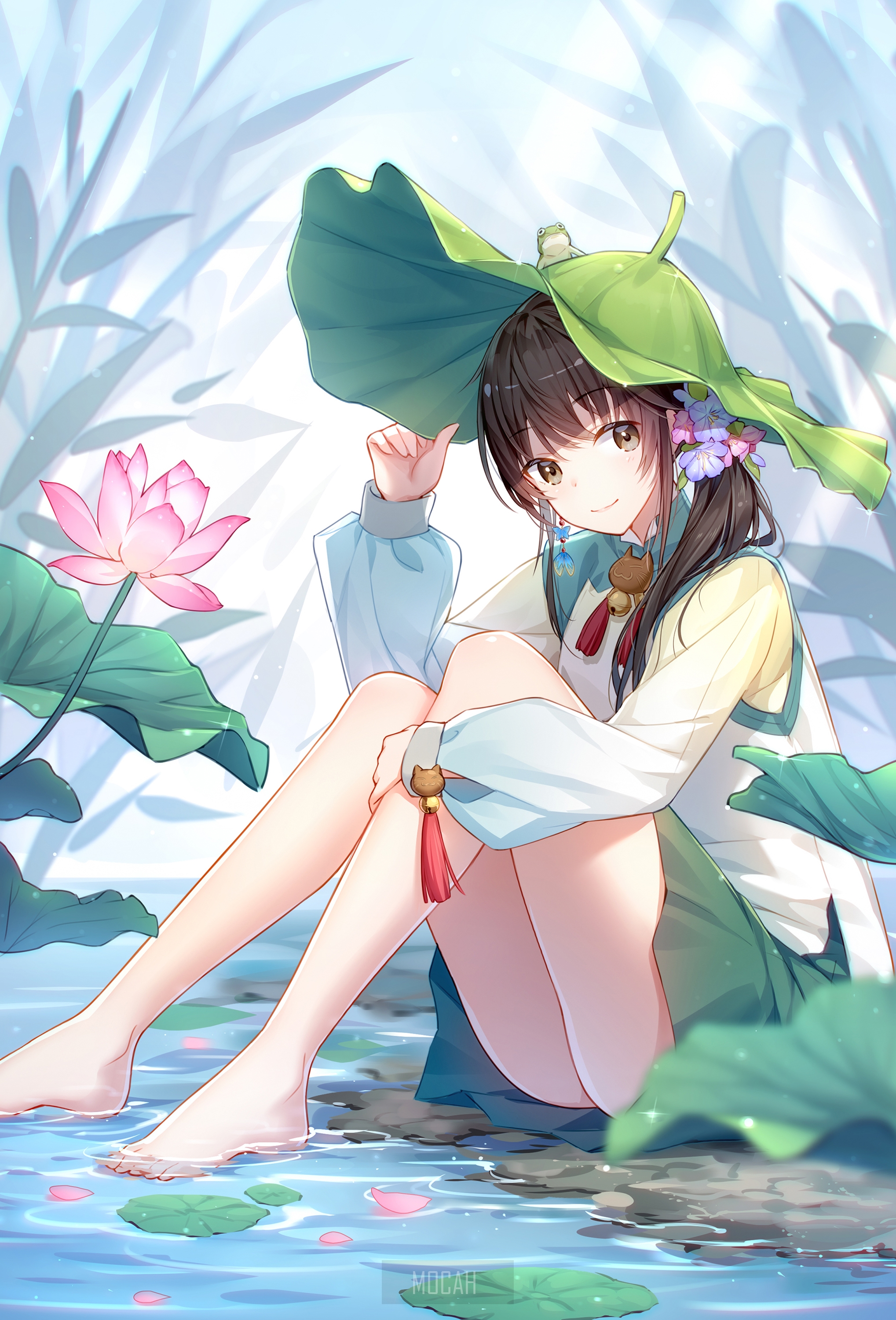 Anime girl with dark hair sitting by lotus pond HD Phone Wallpaper