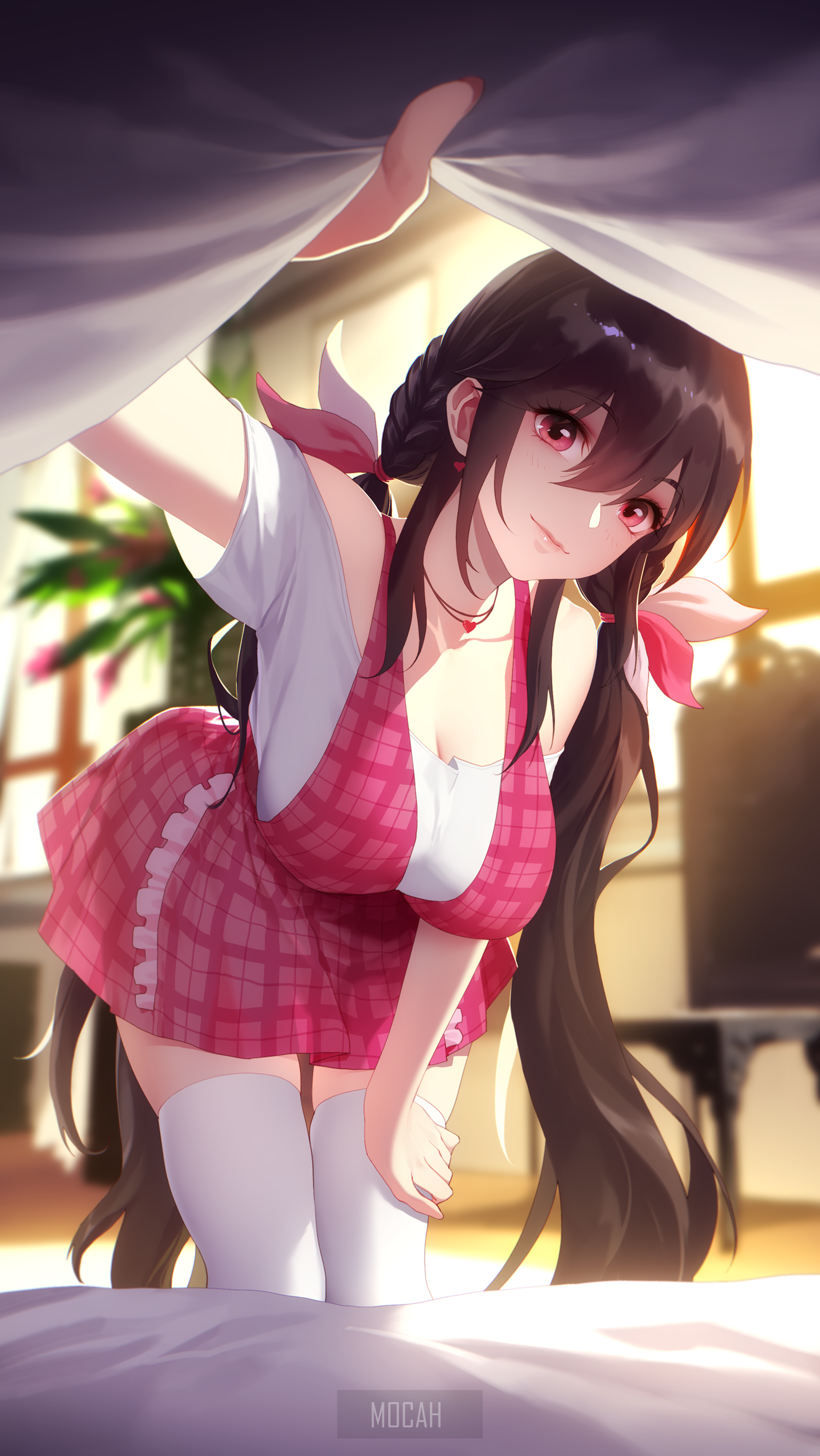 Anime girl with twintails wearing apron and thigh-highs HD Phone Wallpaper