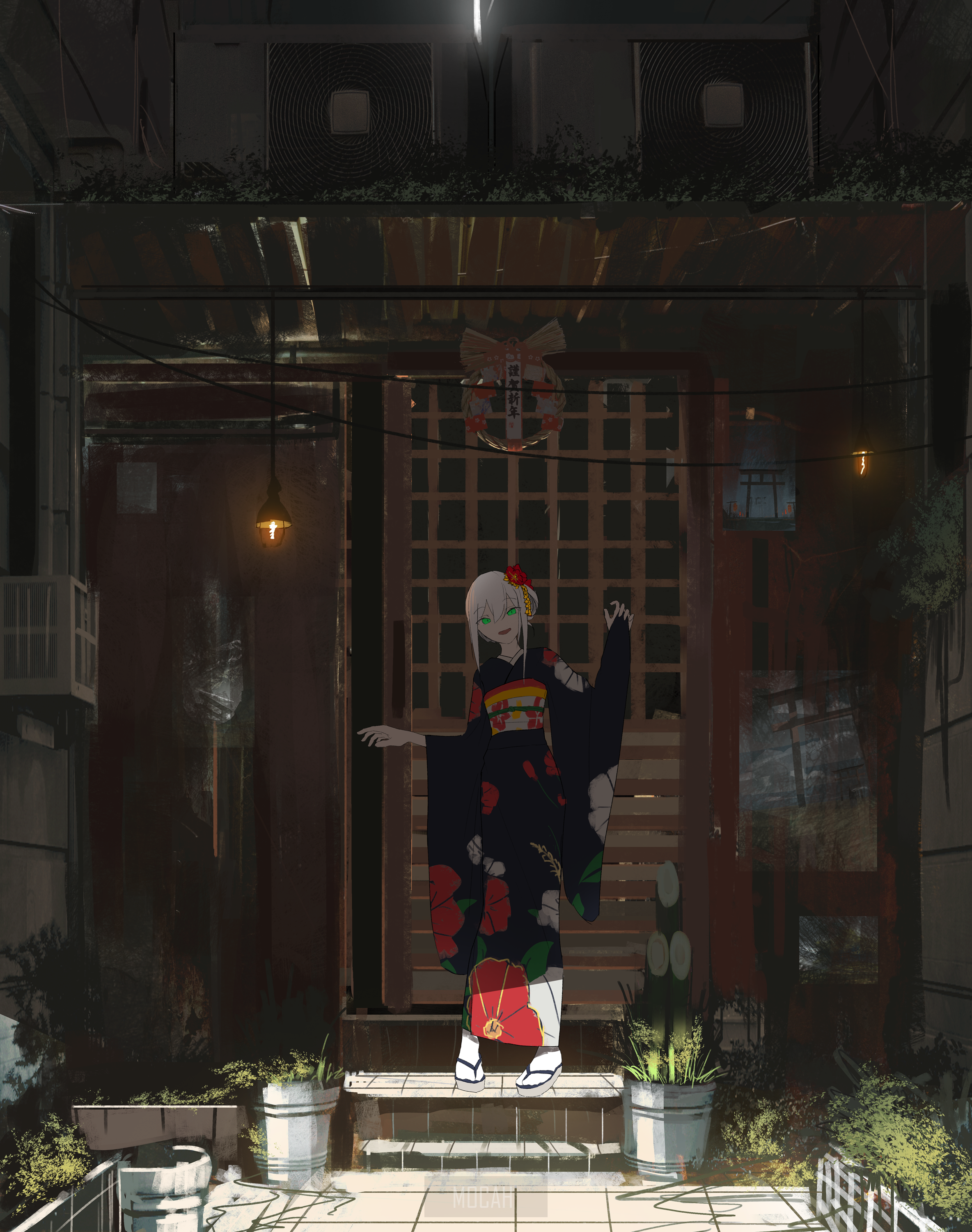 Anime girl in kimono standing on steps HD Phone Wallpaper