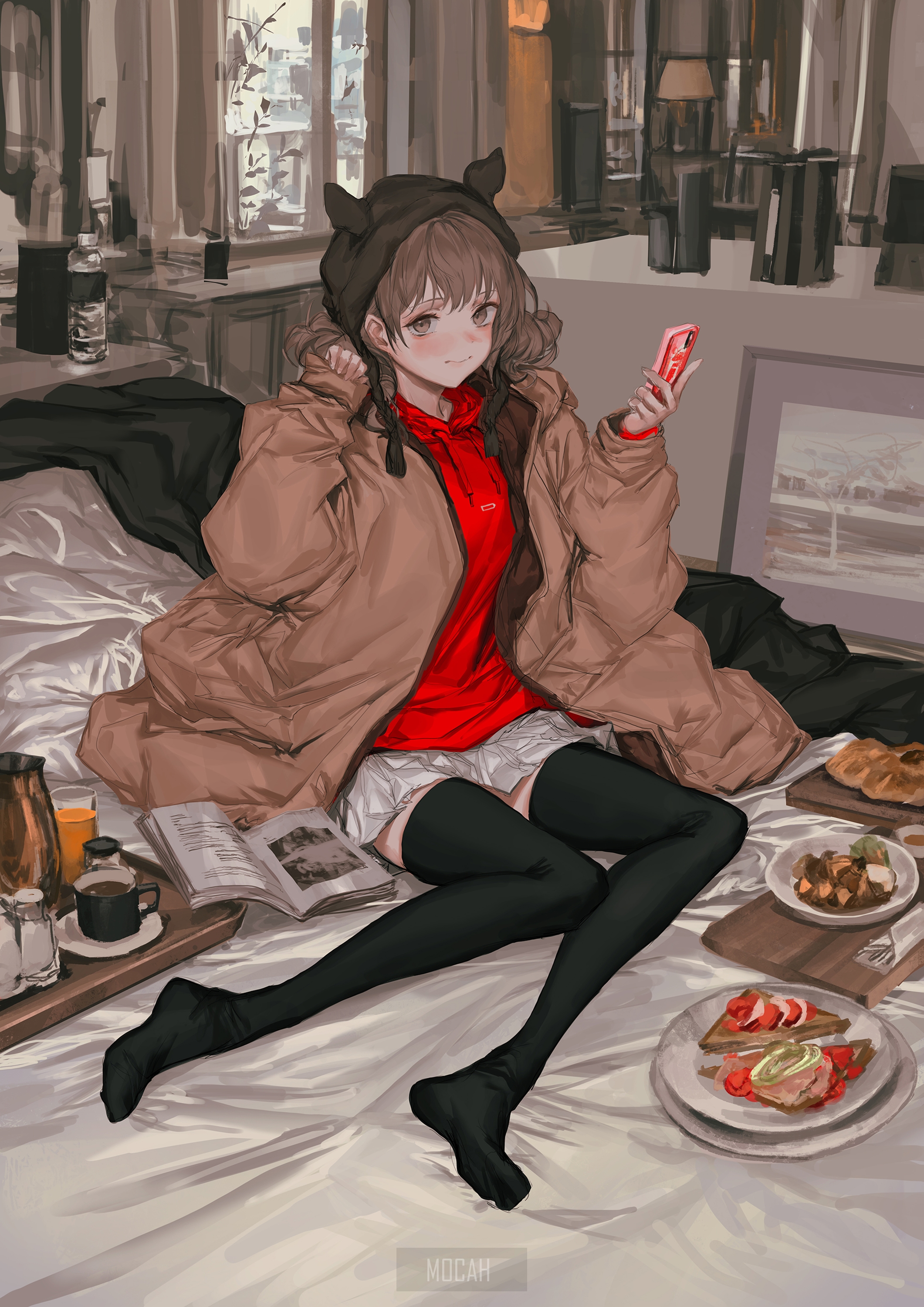 Anime girl in pajamas with cat ears holding a smartphone HD Phone Wallpaper