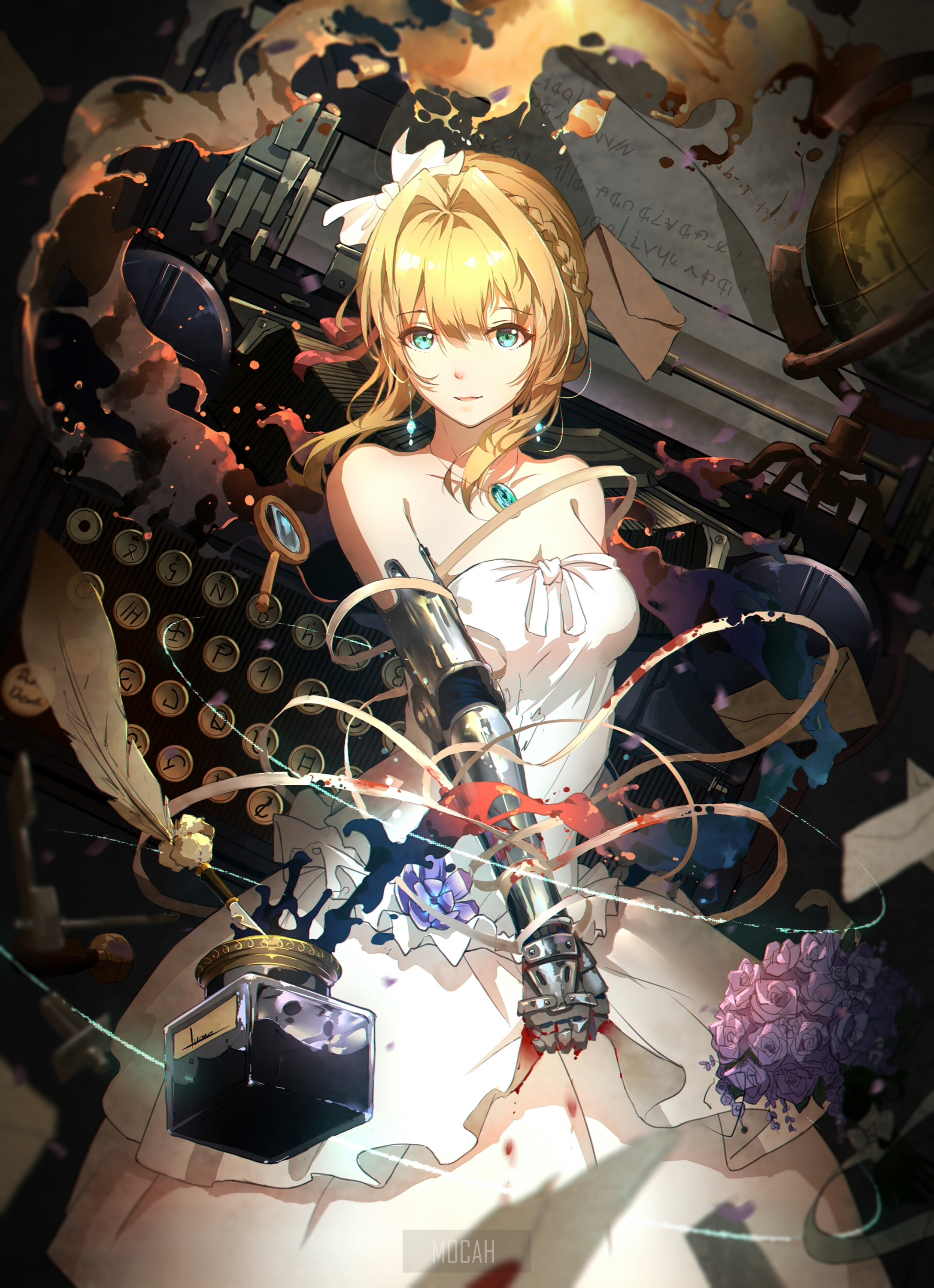 Violet Evergarden with mechanical arm and typewriter HD Phone Wallpaper